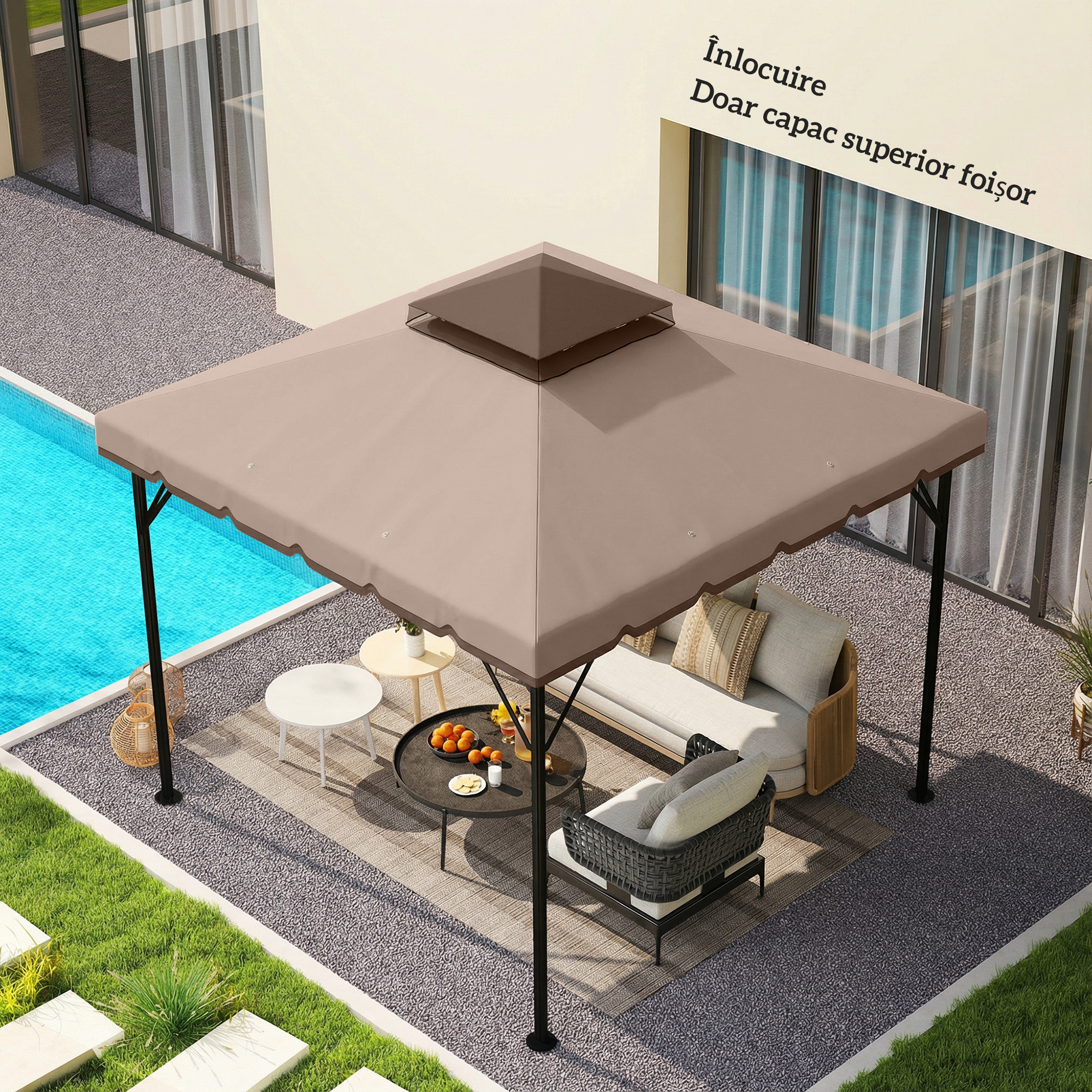  Husa de Rezerva pentru Foisor 3x3 m din Gradina, Acoperis Dublu Rezistent la Apa din Poliester 180g/㎡ Anti-UV 30+ cu 8 Gauri de Drenaj, Casmir [6]