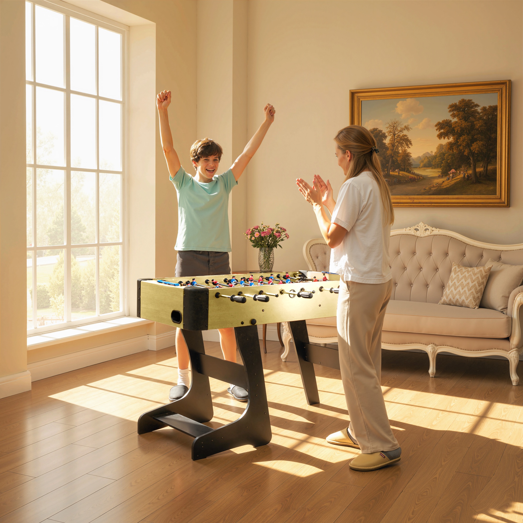  Fotbal de Masa Pliabil cu Manere Antiderapante, 2 Mingii si Tabele de Scor, Verde si Lemn Natural [8]