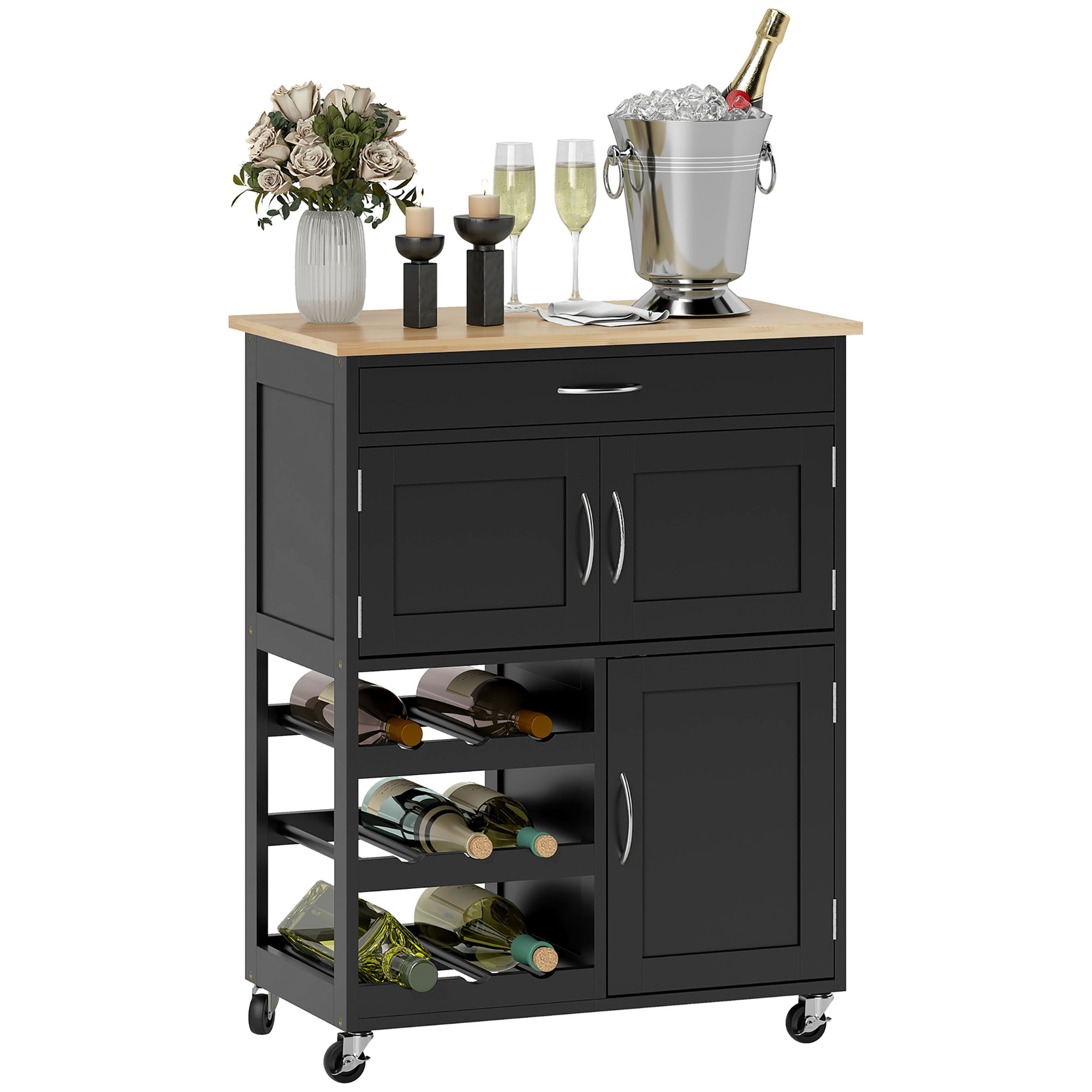 Bucatarie -  Carucior de Bucatarie din Lemn cu Suport pentru Sticle, 3 Usi si Sertar, 67x37x87 cm, Negru si Stejar