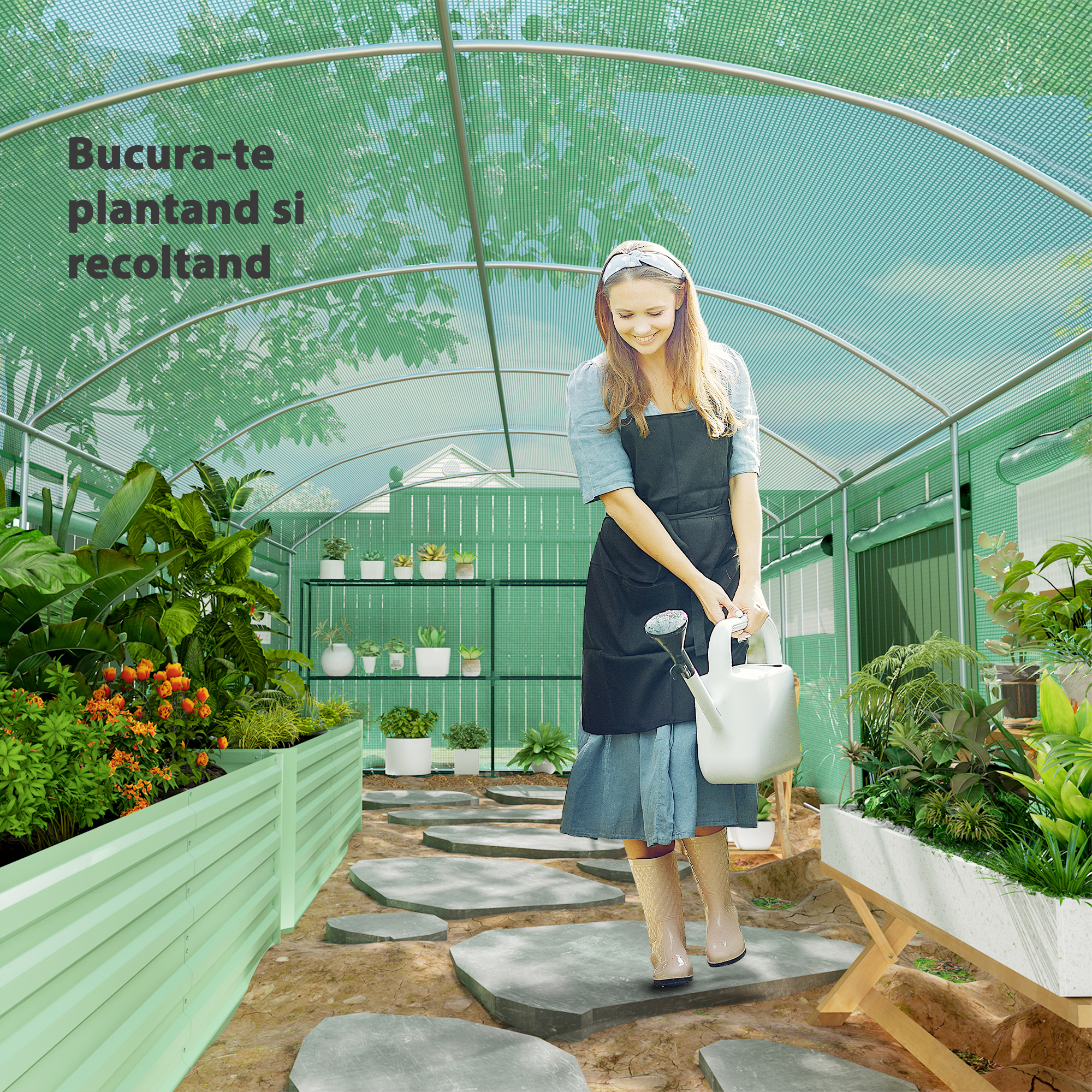  Sera tip tunel cu 3 usi rulabile si 6 ferestre, din otel galvanizat si PE, 6x3x2 m, verde [8]