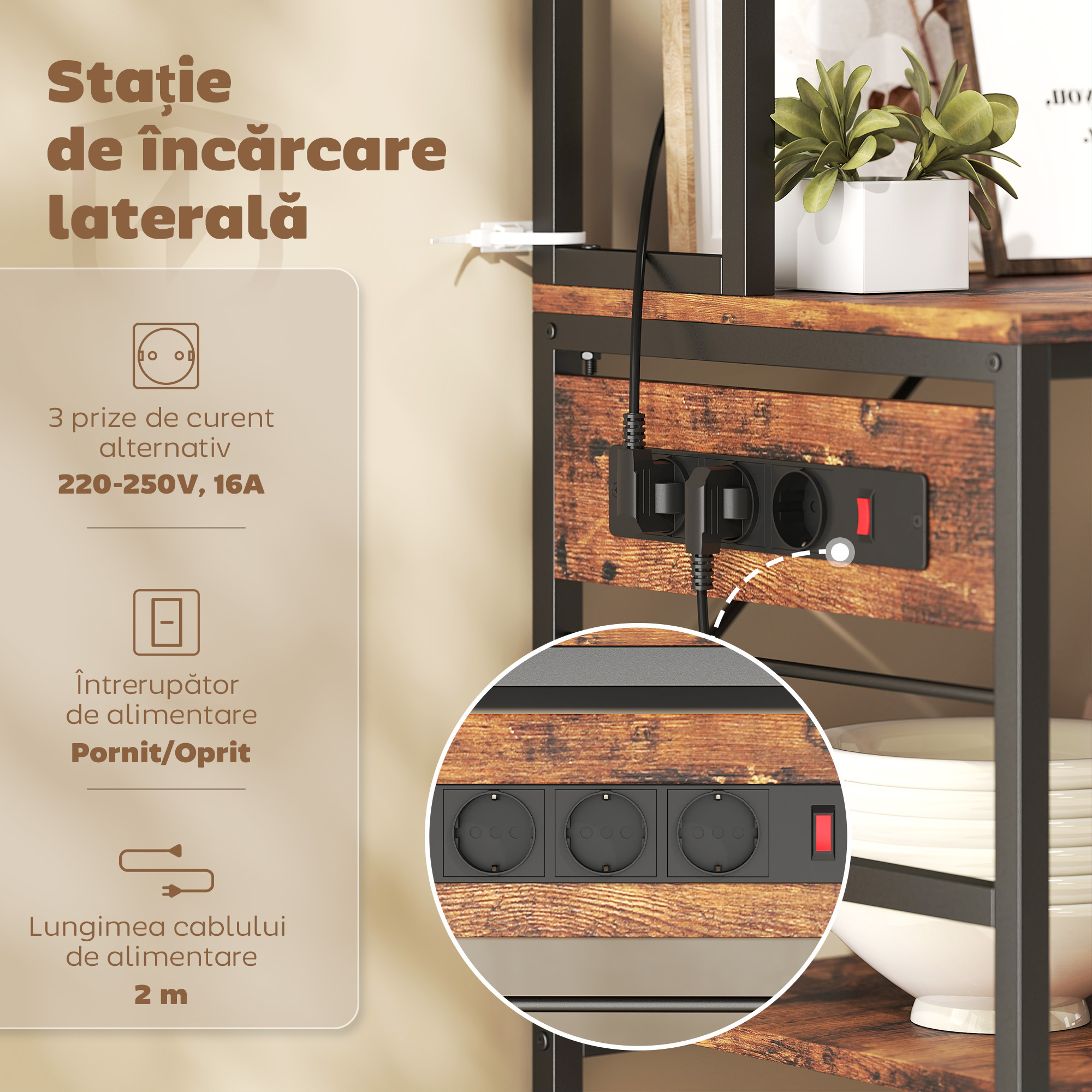  Raft de Bucatarie cu Statie de Alimentare si Rafturi Reglabile, Raft pentru Cuptor cu Microunde 5 Nivele cu Panou de Grilaj si 10 Carlige, Dulap Vintage Structura din Otel, 80x40x170 cm, Maro Rustic [3]