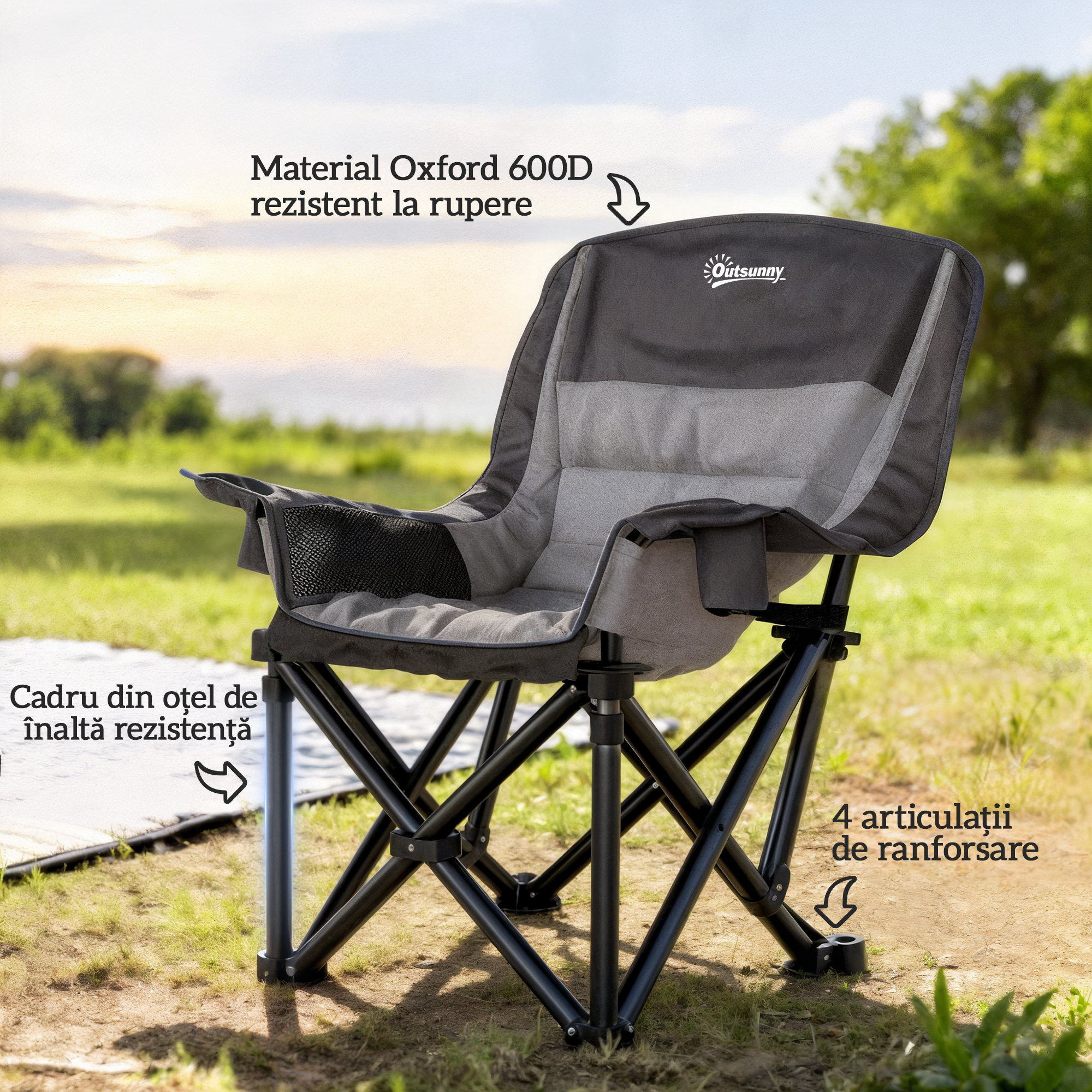  Scaun de Camping Pliabil cu 2 Suporturi pentru Pahare si Buzunare Laterale, 99x71x103 cm, Gri [7]