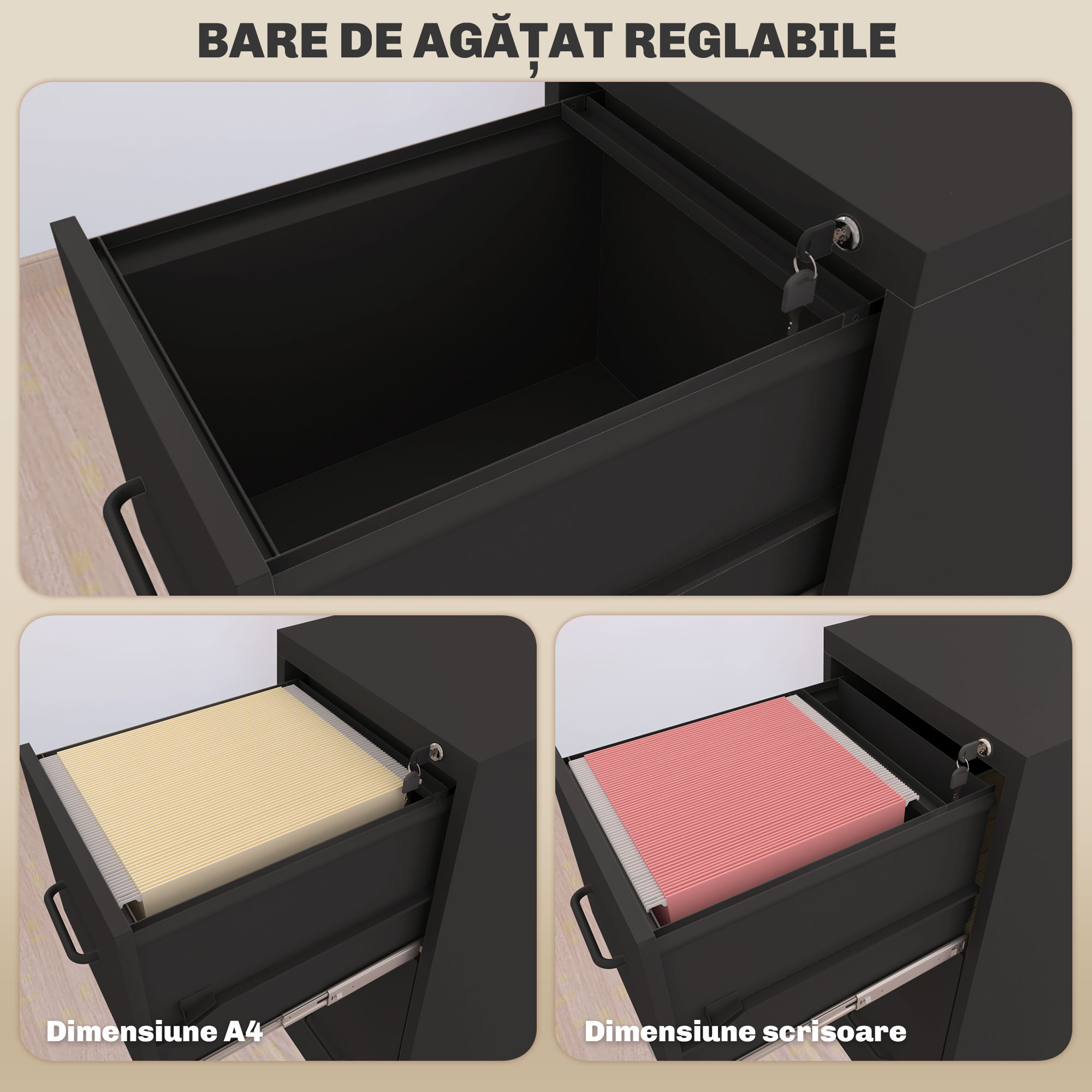  Fiset Minimal pentru Documente cu 3 Sertare si Bara Reglabila, din Otel, 36.5x46.2x99 cm, Negru [3]
