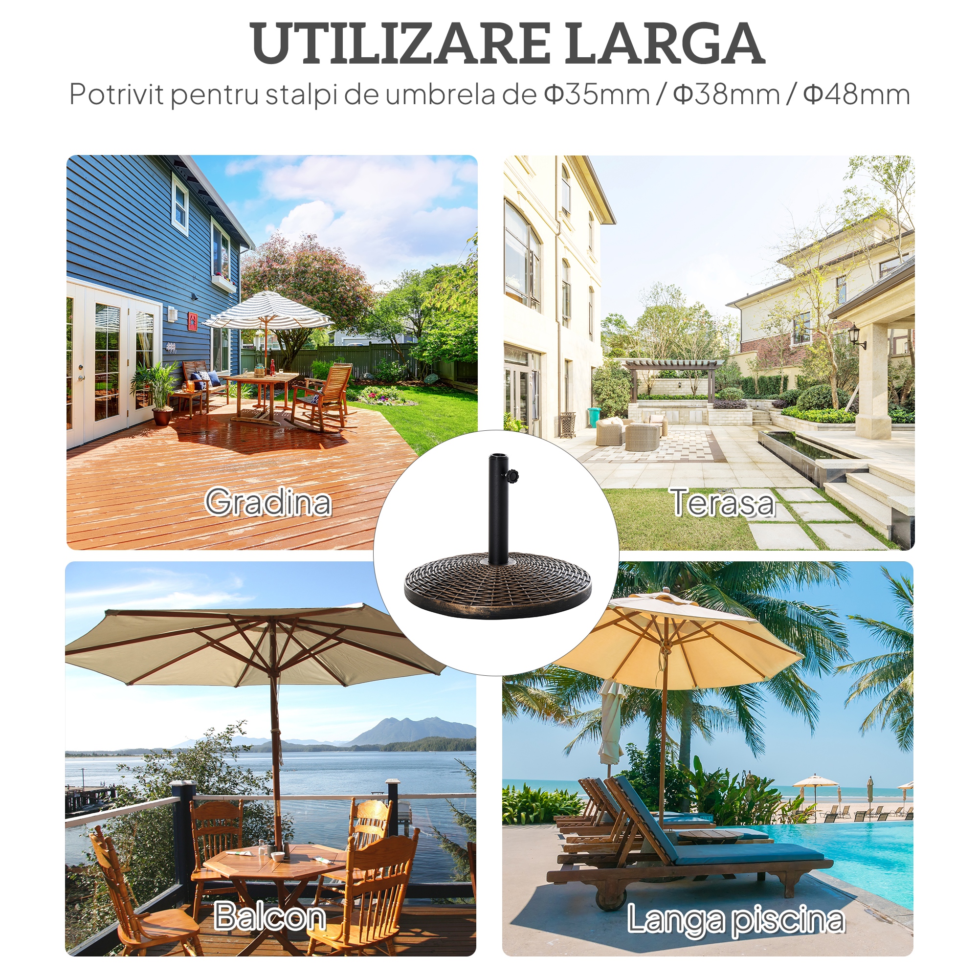  Baza Rotunda pentru Umbrela de Soare din Plastic cu Efect de Ratan 25 kg pentru Stalpi de 35 mm, 38 mm, 48 mm [5]