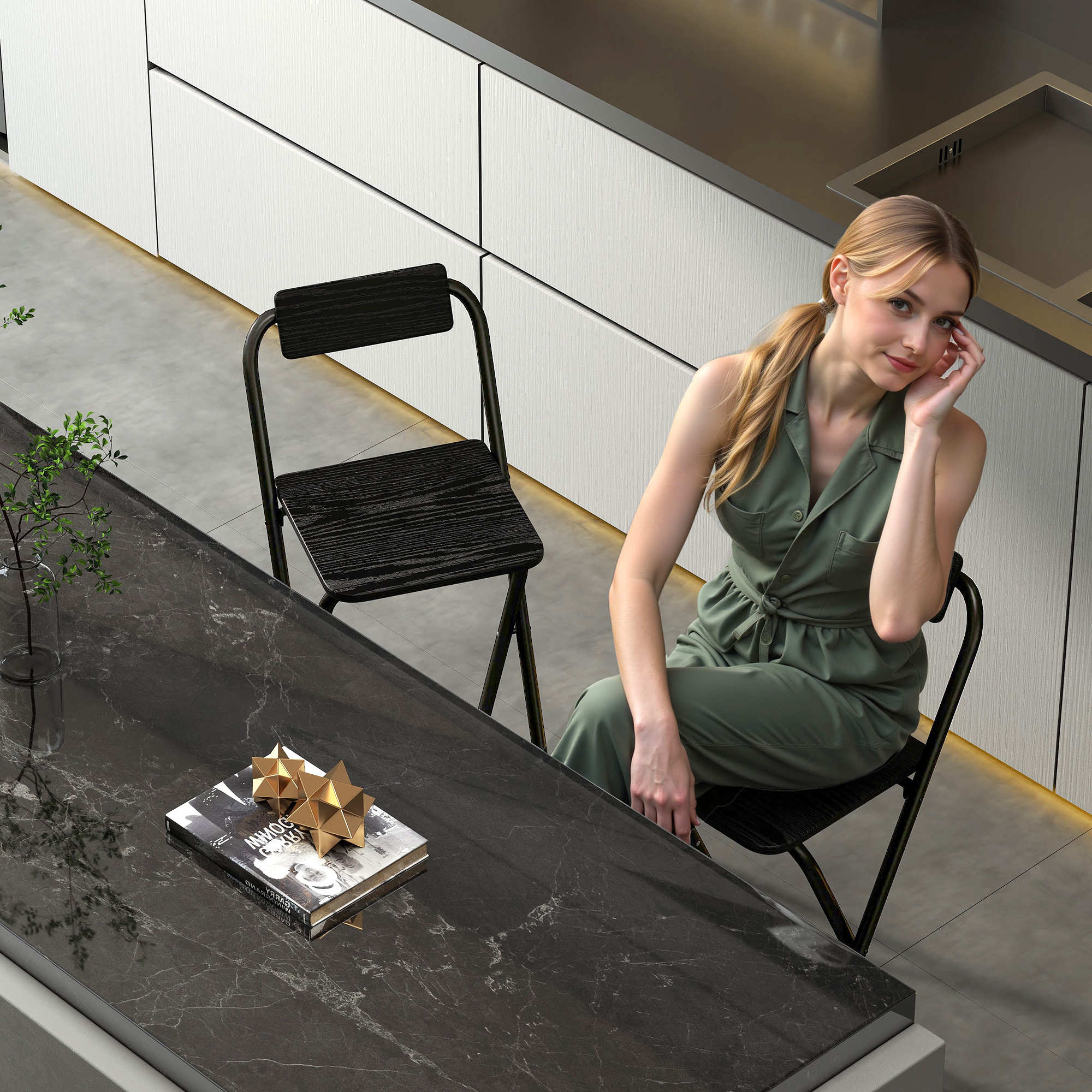  Set 2 Scaune de Bucatarie Pliabile cu Suport pentru Picioare din MDF si Otel Negru [6]