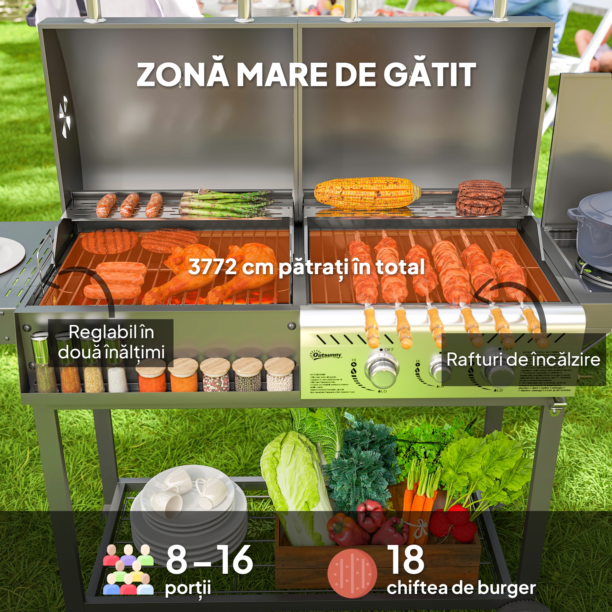  Gratar cu Carbune si Gaz cu 3 Arzatoare si Capac cu Termometru, Negru [4]