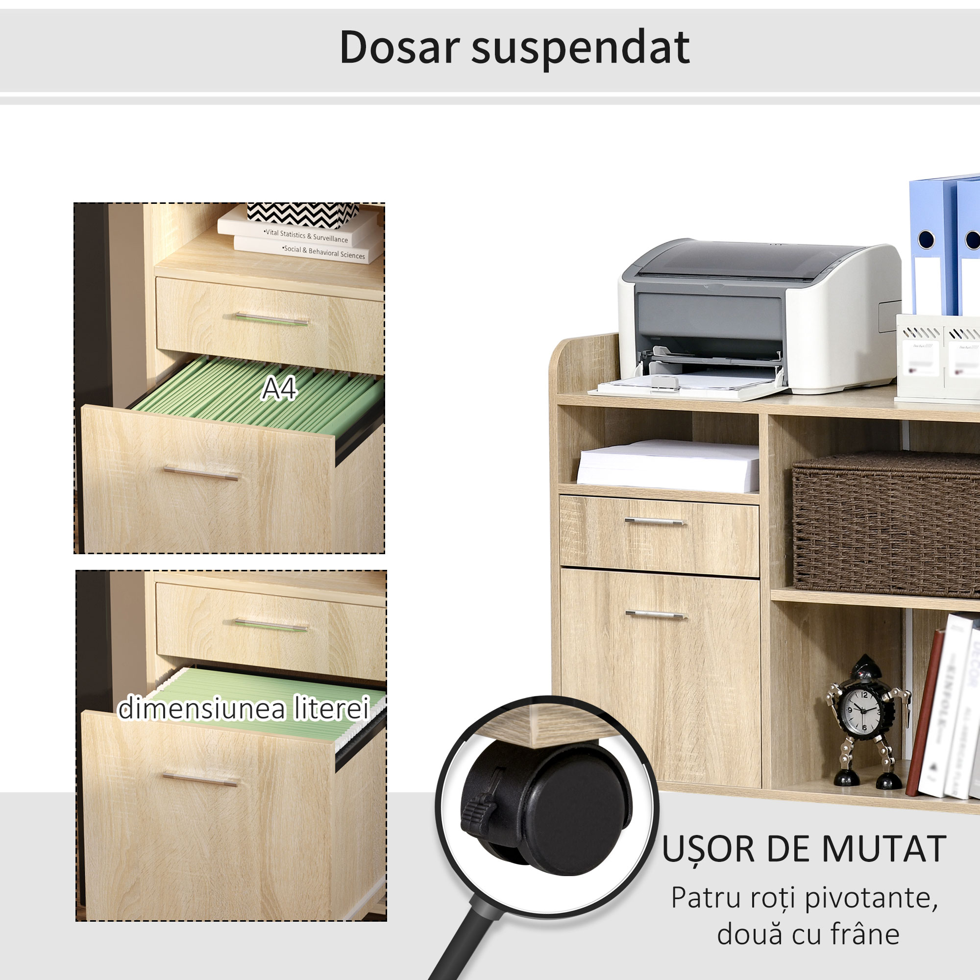  Dulap Imprimanta Birou Multifunctional 80x40x72 cm, Dulap Joasa cu Sertare, Rafturi, 4 Roti, Culoare Stejar [5]