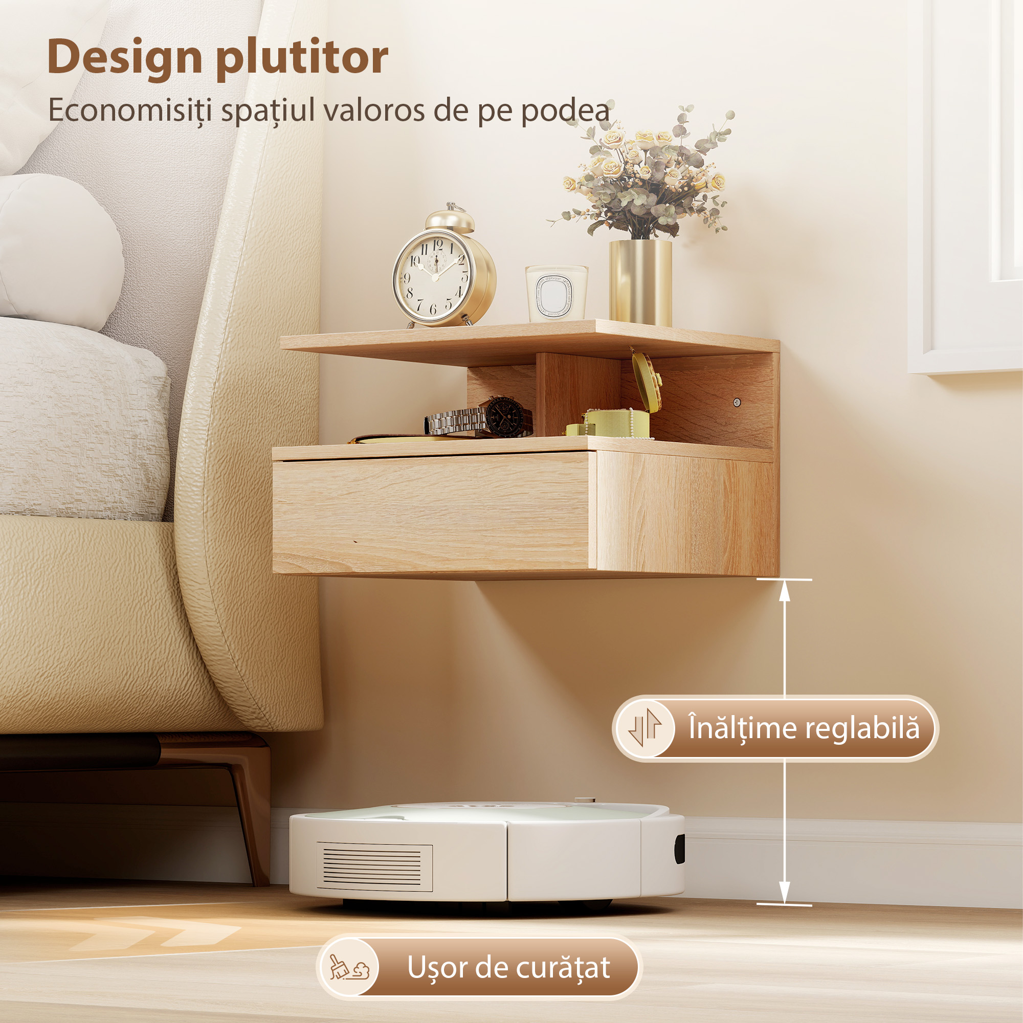  Set de 2 Noptiere Suspendate cu Sertar si Raft Deschis, 35x32x22.5 cm, Stejar [4]