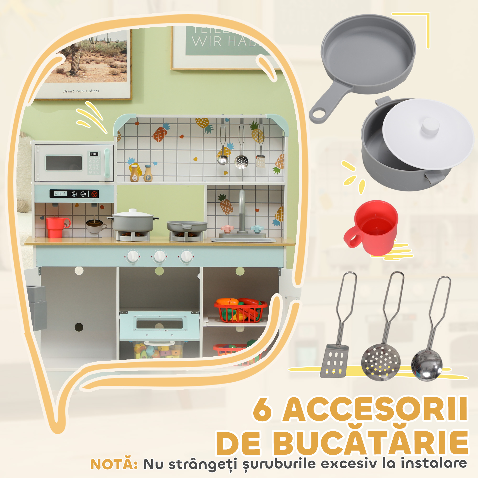  Bucatarie de Jucarie pentru Copii 3+ Ani din Lemn, Aragaz Interactiv, Cuptor si Masina de Cafea, Alb [5]