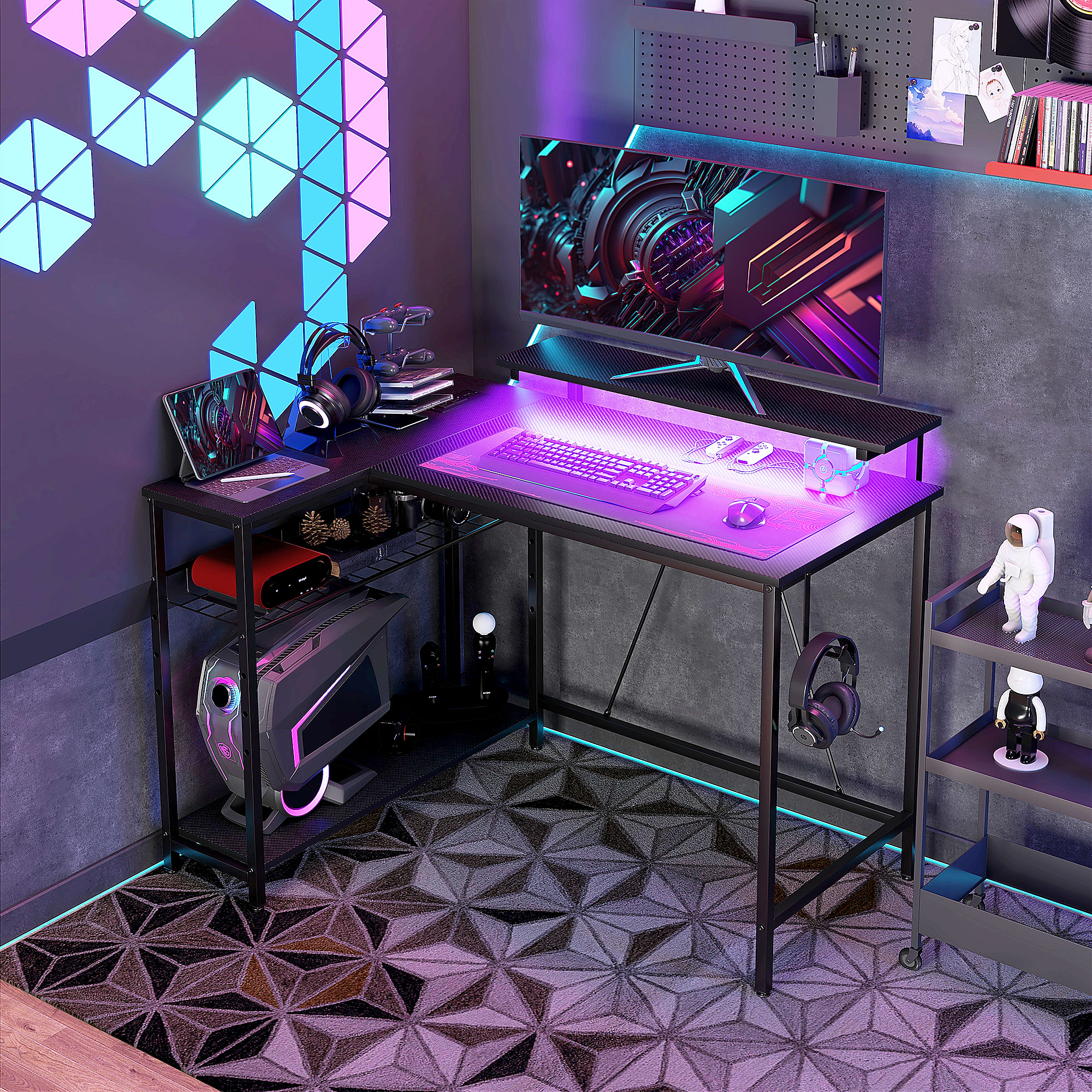  Birou de Gaming cu LED si Rafturi, Design in Forma de L Reversibil pentru Spatii Mici, Birou PC si Console, 107×80×90 cm, Negru [1]