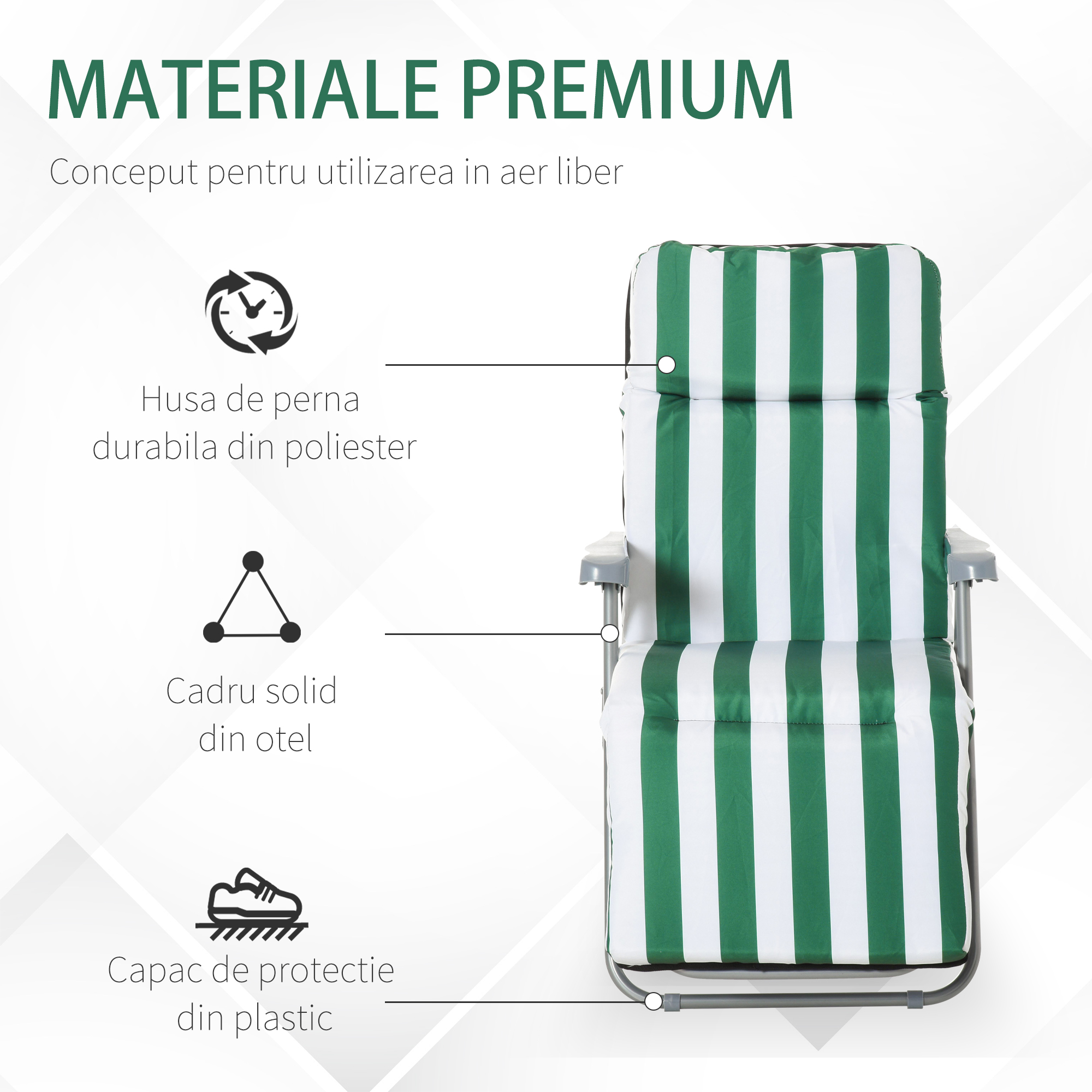  Set 2 sezlonguri de Gradina pentru Plaja cu Brate Reclinabile, Alb si Verde [6]