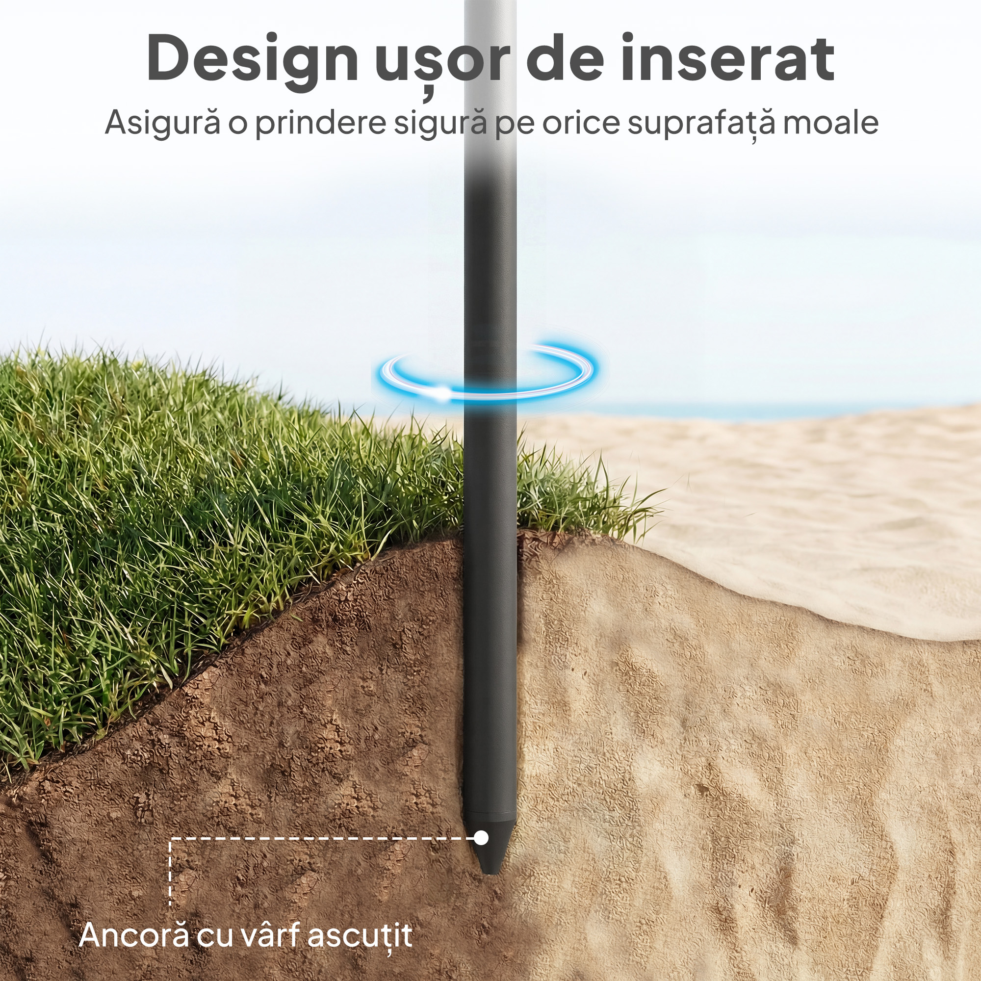  Umbrela de Plaja Reglabila cu Ancora pentru Nisip si Geanta de Transport, Ø150x185 cm, Gri inchis [5]