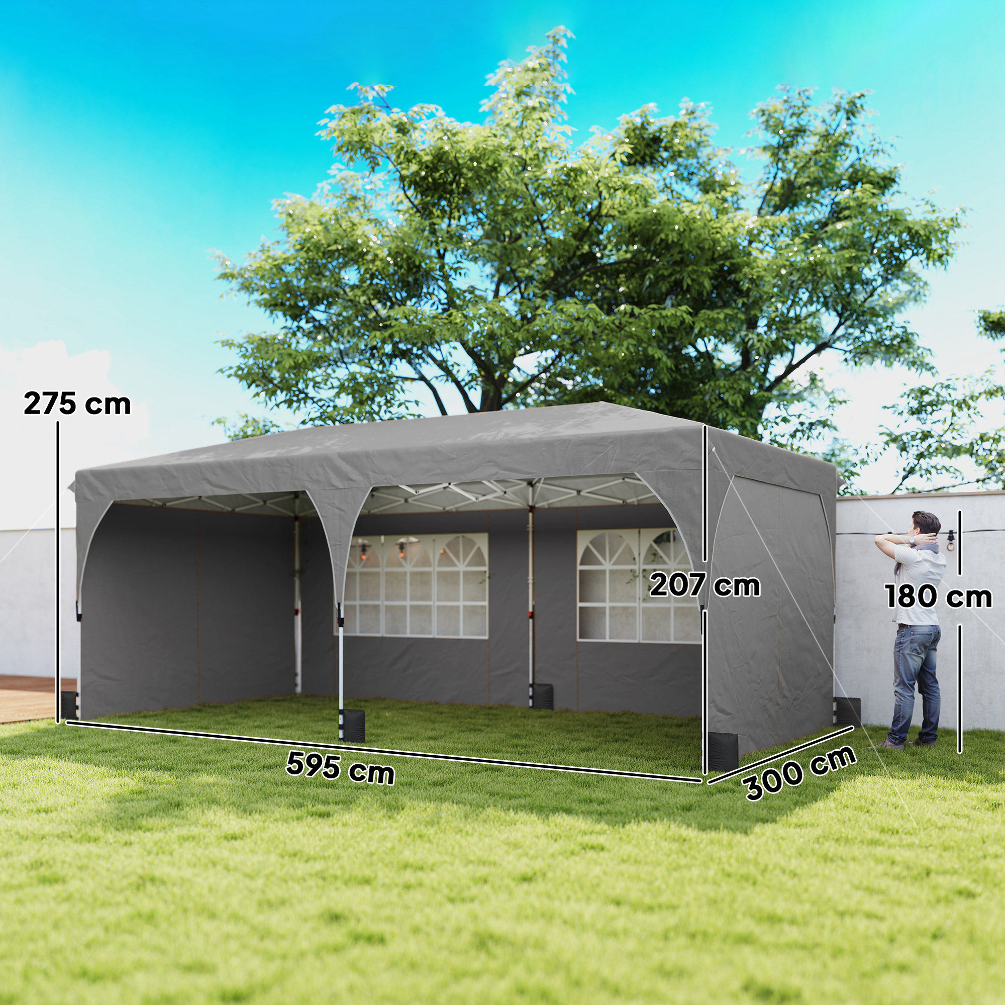  Gazebo 3x6 m Pliabil Pop Up cu inaltime Reglabila, Gazebo Exterior cu Benzi Reflectorizante, Pereti Laterali, Saci de Nisip, Geanta de Transport, UV50+, pentru Camping, Petreceri, Gri Deschis [2]