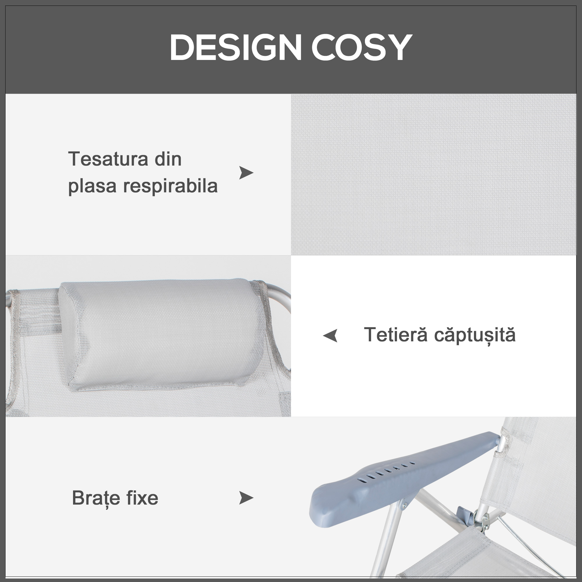  Set 2 Scaune de Camping Pliabile cu Tetiera Captusita si Spatar Reglabil in 6 Pozitii, 62x65x80 cm, Gri Deschis [5]