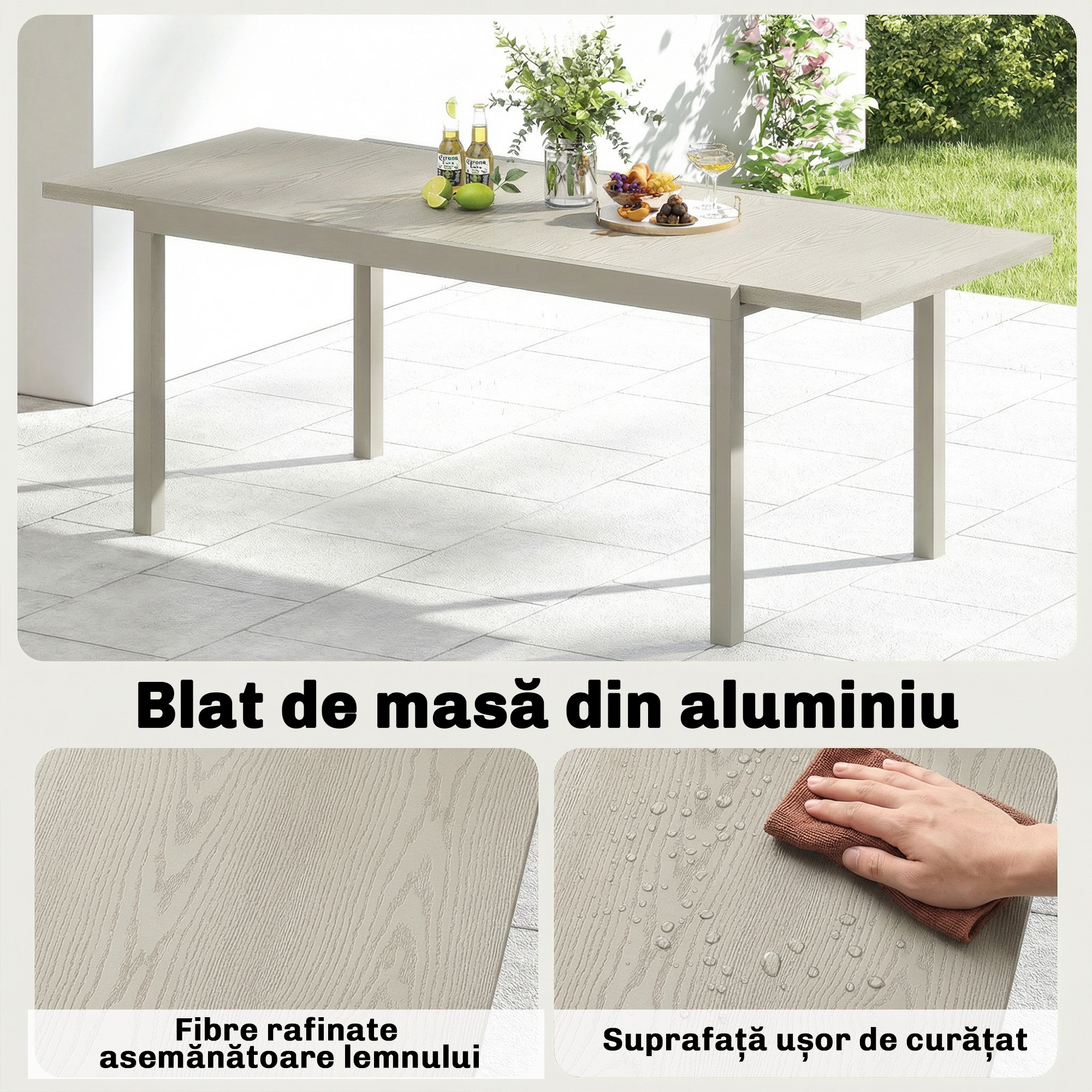  Masa de Gradina Extensibila pentru 8-10 Persoane, din Aluminiu si Otel, 154/214x85x75 cm, Gri Deschis [4]