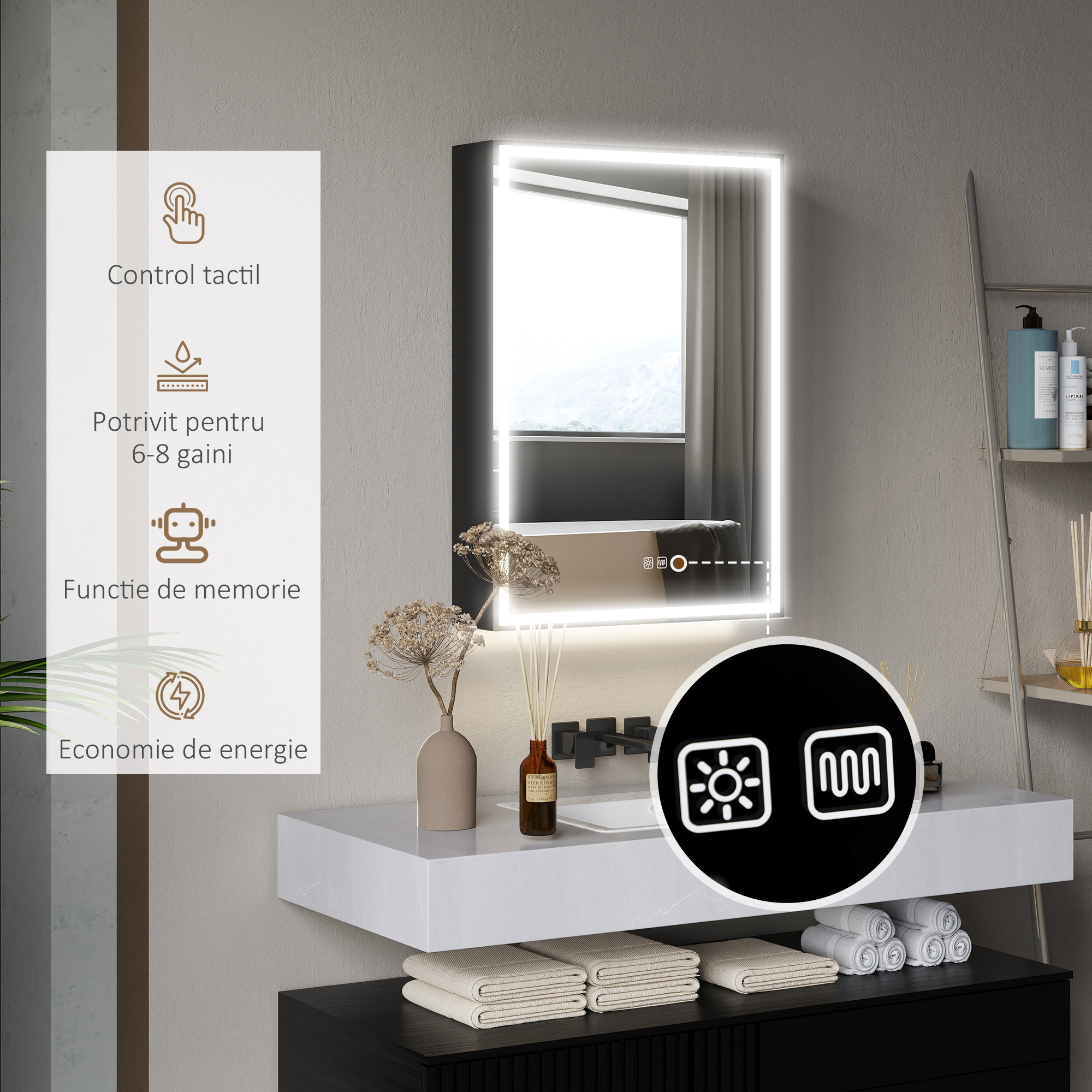  Dulap cu Oglinda pentru Baie cu Lumina LED si Priza pentru Aparat de Ras, Dulap Suspendat cu Pad Anti-Ceata, Reglare Luminozitate, 3 Culori, Negru [7]