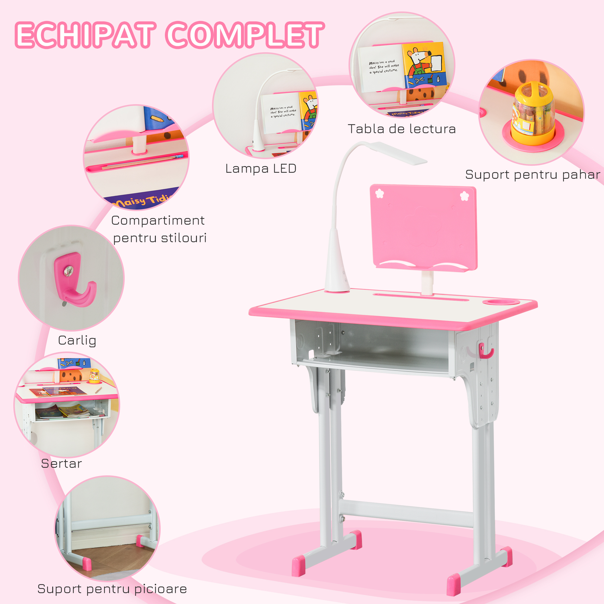  Set Birou si Scaun pentru Copii 6-12 Ani, inaltime Reglabila, Lampa LED, Sertar Depozitare, Suport Carti, Birou Ergonomic pentru Studiu, Roz [5]