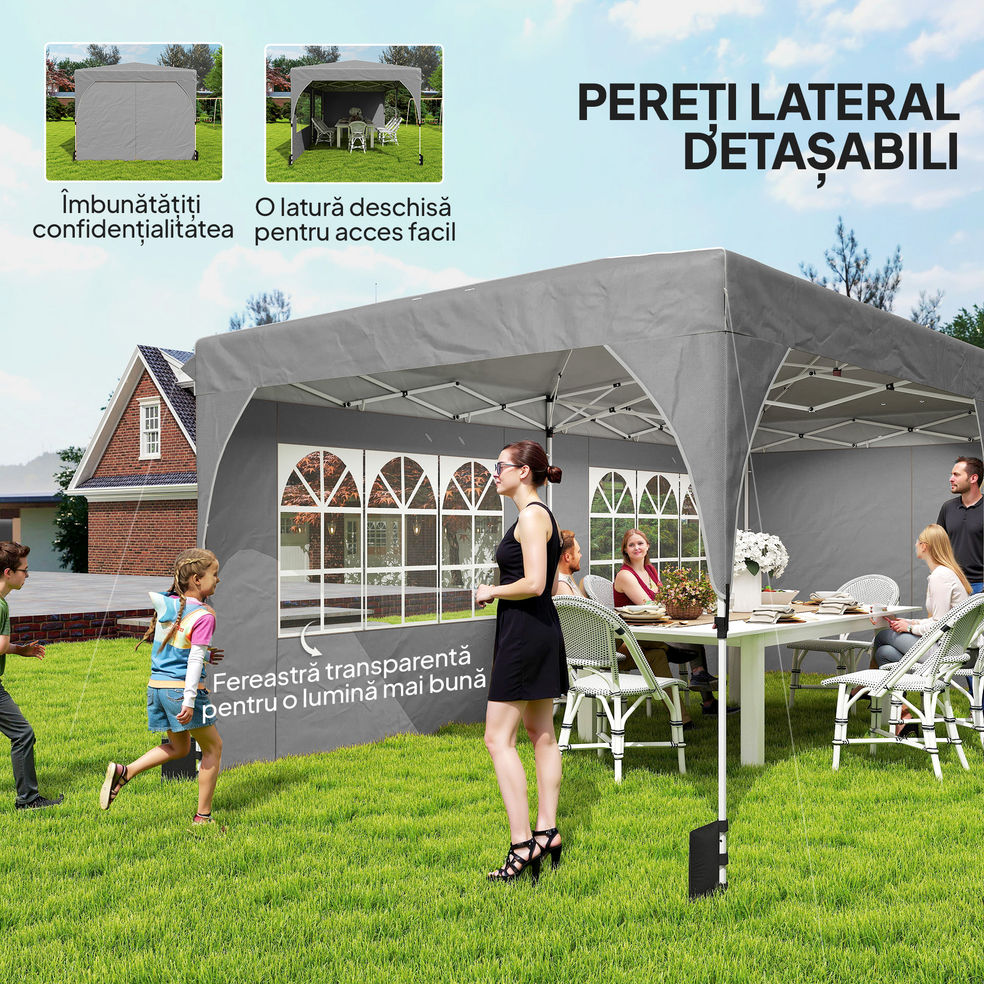  Gazebo 3x6 m Pliabil Pop Up cu inaltime Reglabila, Gazebo Exterior cu Benzi Reflectorizante, Pereti Laterali, Saci de Nisip, Geanta de Transport, UV50+, pentru Camping, Petreceri, Gri Deschis [6]
