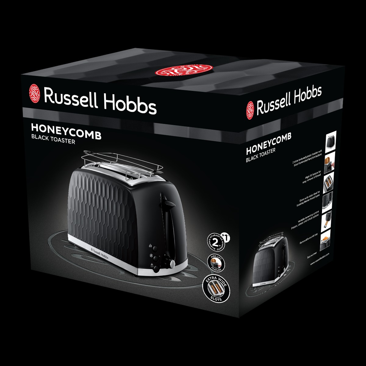 Prajitor de paine Russell Hobbs Honeycomb, 2 fante, design fagure, gratar chifle, tava firimituri detasabila, negru [3]