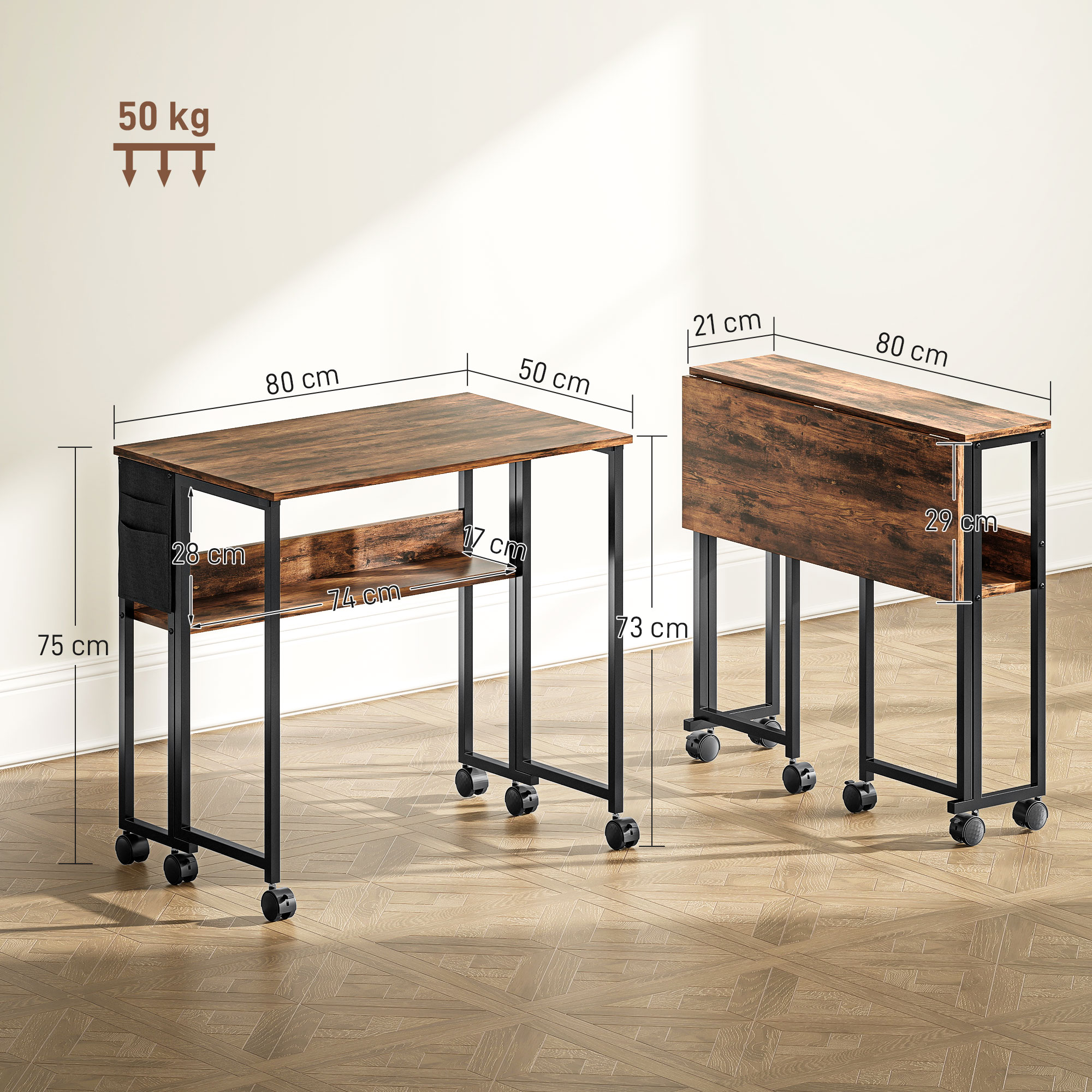  Birou Pliabil cu Raft Deschis si Buzunar Lateral, din Lemn si Otel, 80x50x75 cm, Maro si Negru [2]