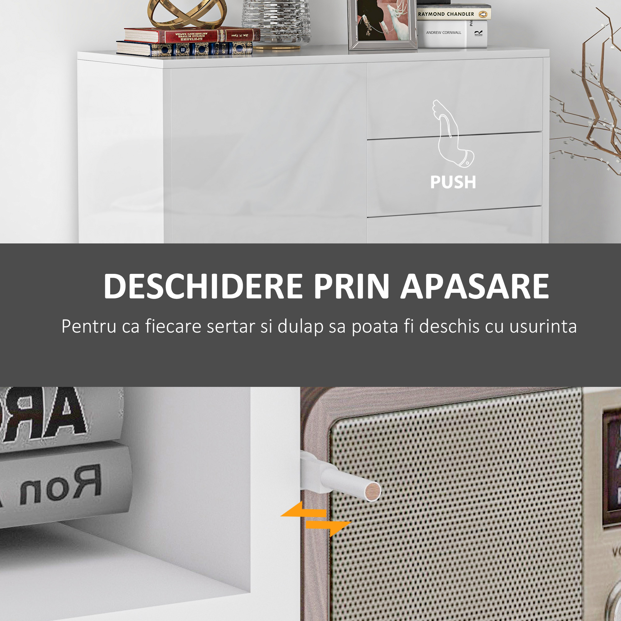  Comoda cu 2 dulapuri si 2 sertare, 79x36x74cm, alb lucios [5]