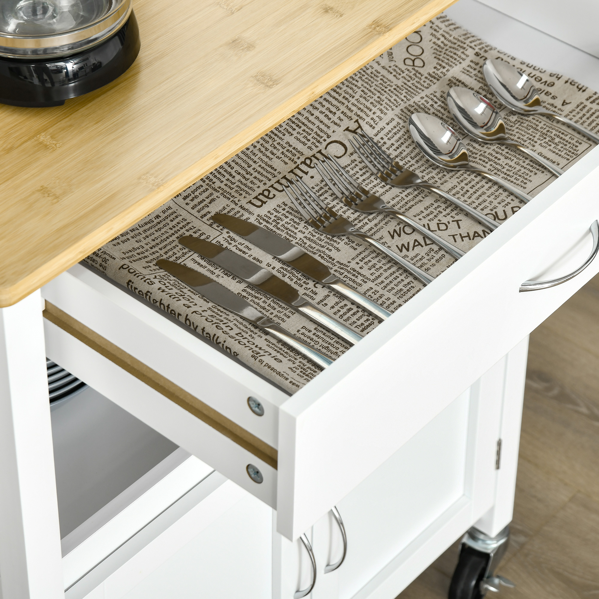  Carucior Bucatarie Mobil Alb Bambus cu Sertar & Raft [7]