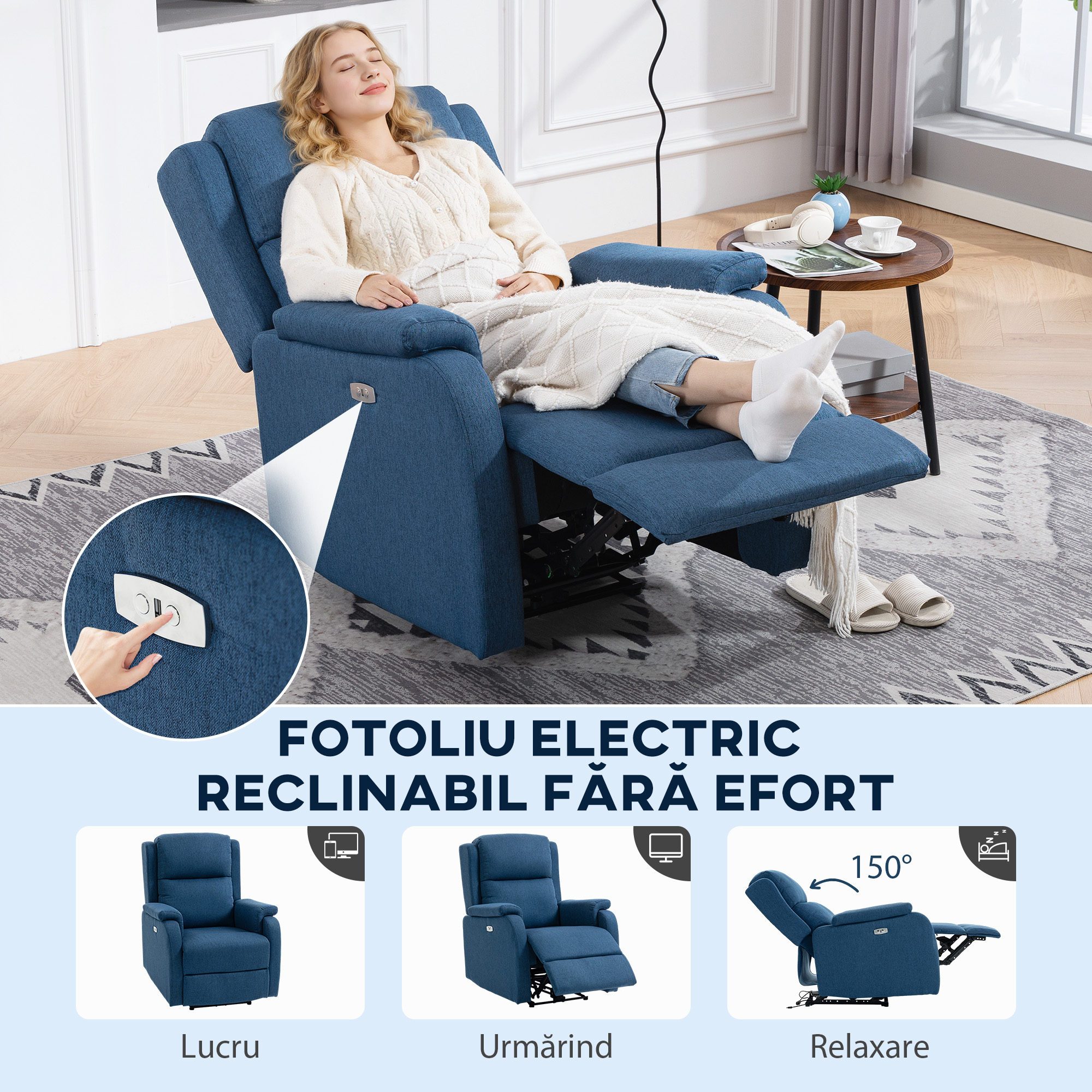  Fotoliu Electric Reclinabil cu Suport pentru Picioare, Material Textil cu Efect de In, 79x90x106 cm, Albastru [3]