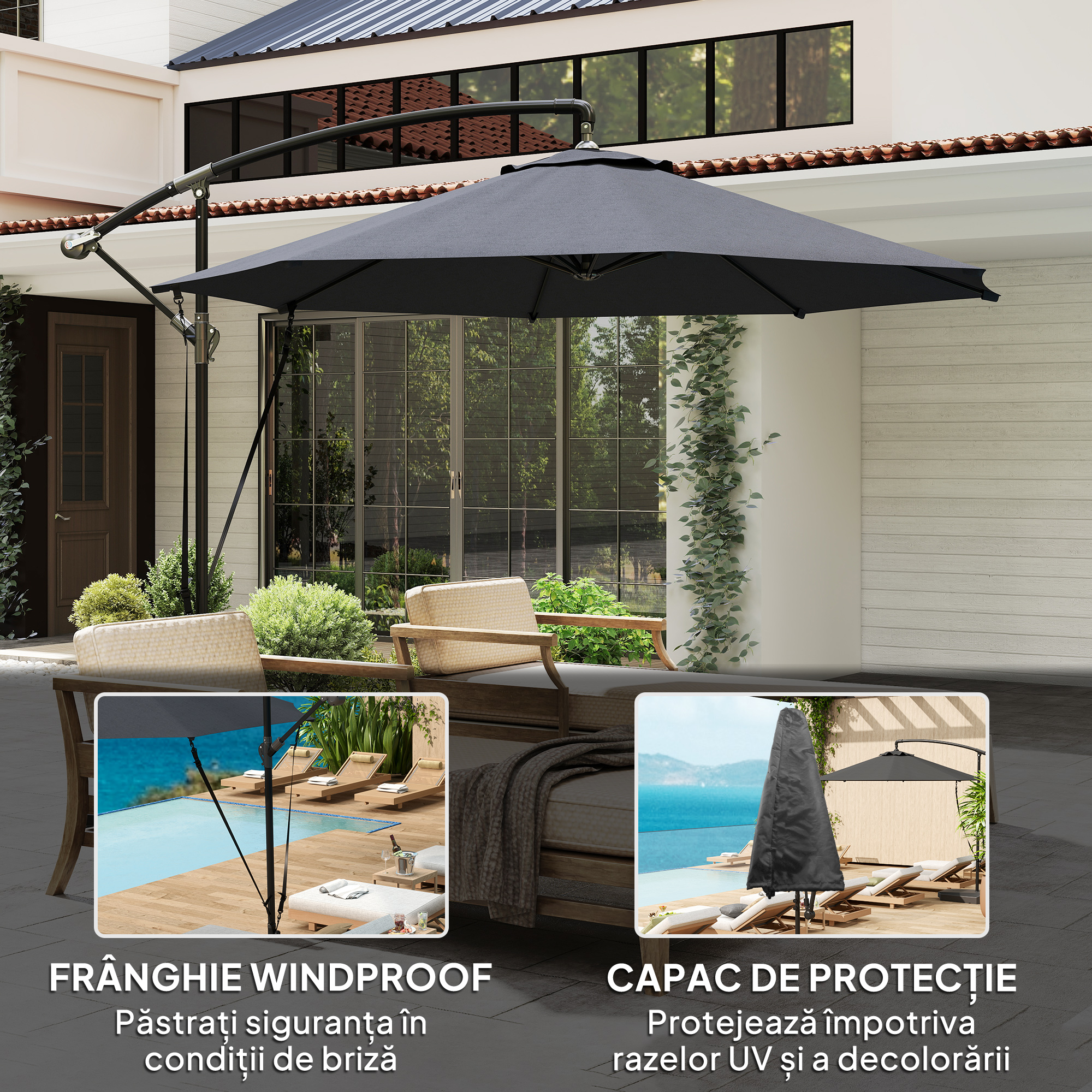  Umbrela de Gradina Rotunda Inclinabila si Rotativa, Manivela si Protectie UPF 50+, Ø3 m, Gri inchis [3]