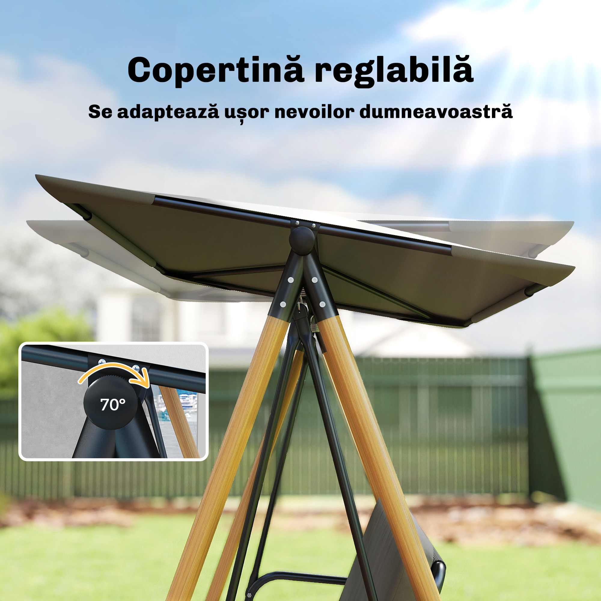  Balansoar de Gradina cu 3 Locuri, cu Copertina Reglabila Impermeabila si Perna Detasabila, Capacitate Maxima 360 kg, 208 x 125 x 180 cm, Gri [4]