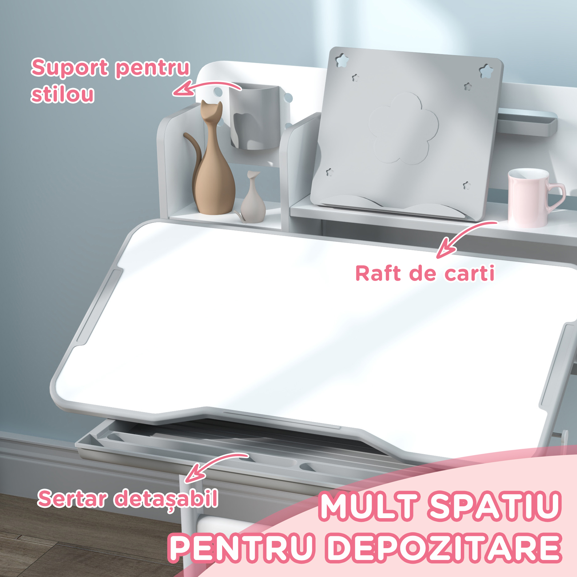  Birou Copii 3-12 Ani Reglabile pe inaltime si Blat inclinabil la 45°, 80x55x107.5 cm, Gri [5]