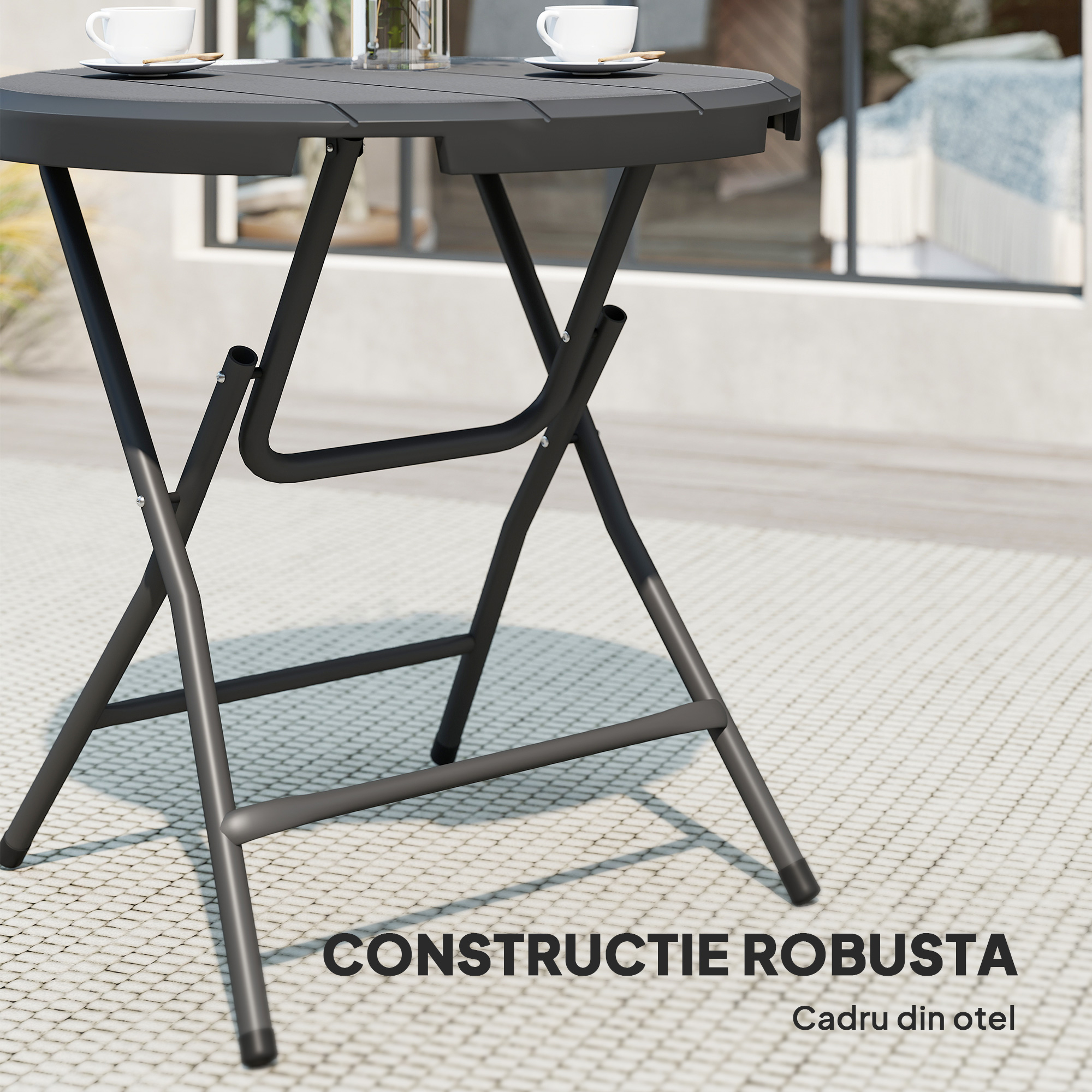  Masa de Gradina Rotunda Pliabila pentru 4 Persoane din Aluminiu si Plastic HDPE, Ø80x73 cm, Gri [5]