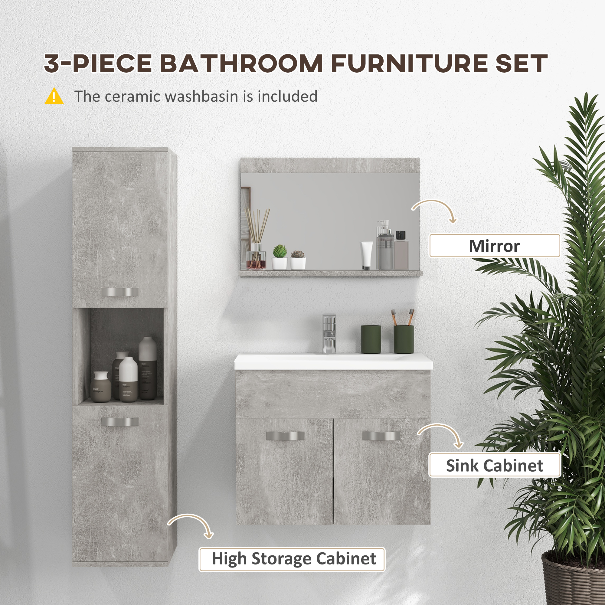  Set Mobilier Baie - 3 Piese: Oglinda, Chiuveta, Dulap Depozitare [3]