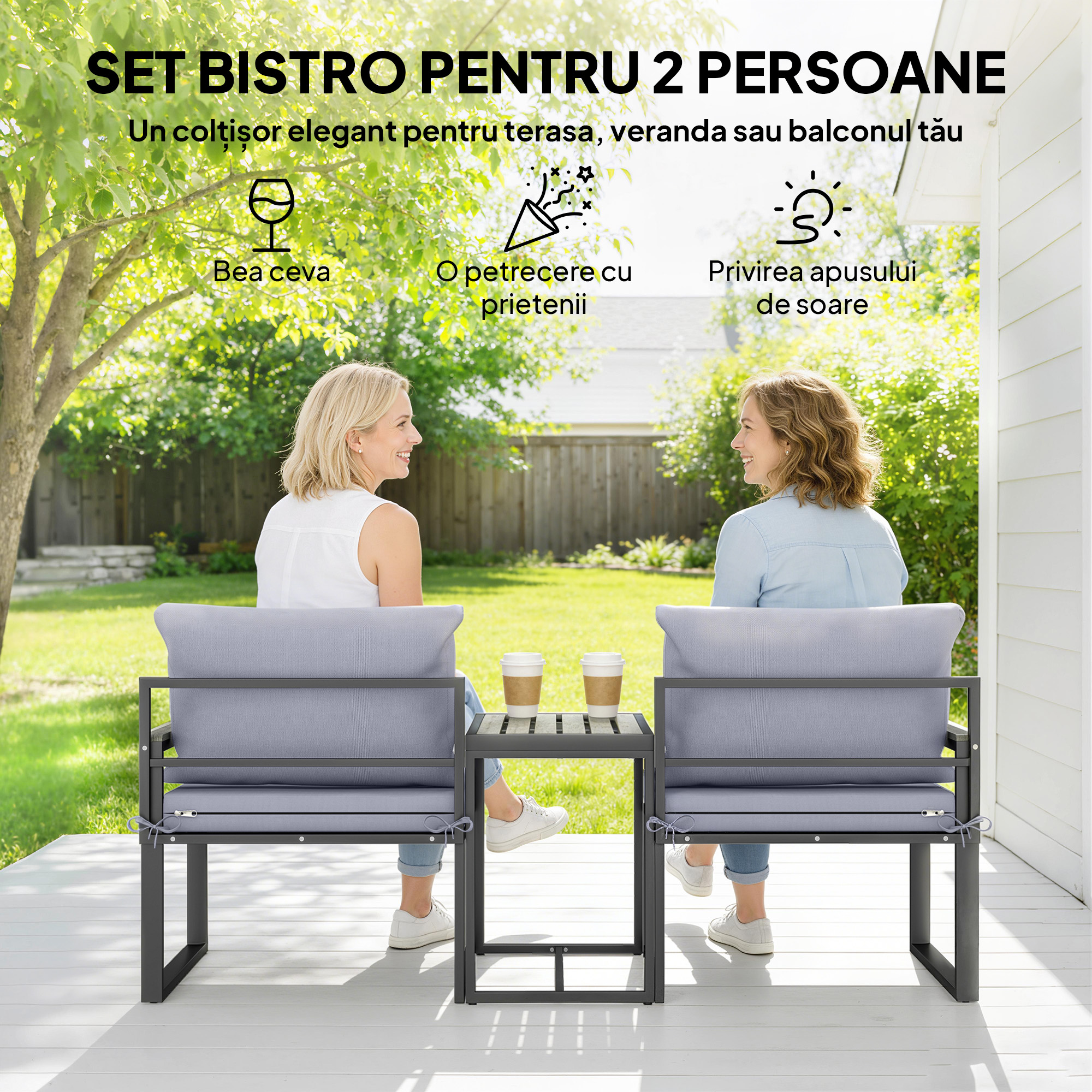  Set Bistro Gradina 3 Piese pentru 2 Persoane, Masa si Scaune Exterior cu sezut Textilen si Perne, Gri [3]