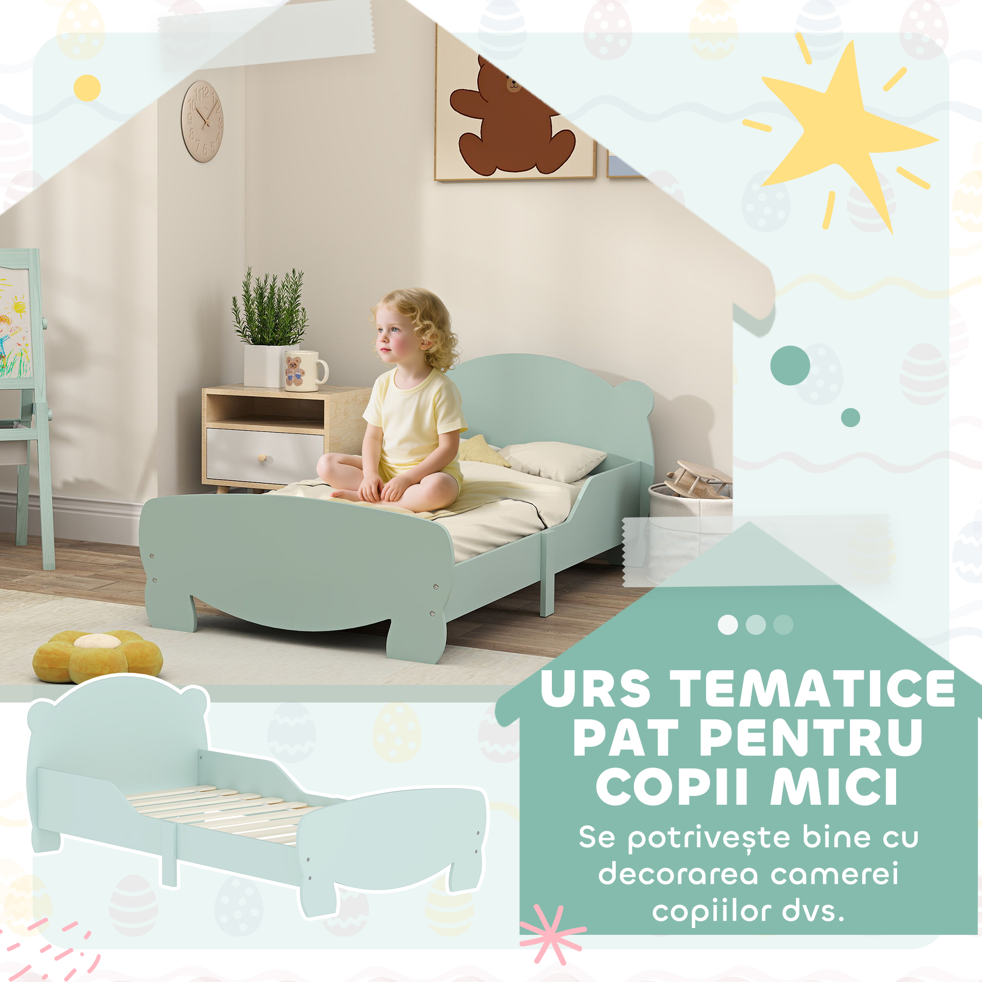  Patut pentru Copii cu Tablie si Suport in Forma de Ursulet si 2 Bare Laterale, Verde [5]
