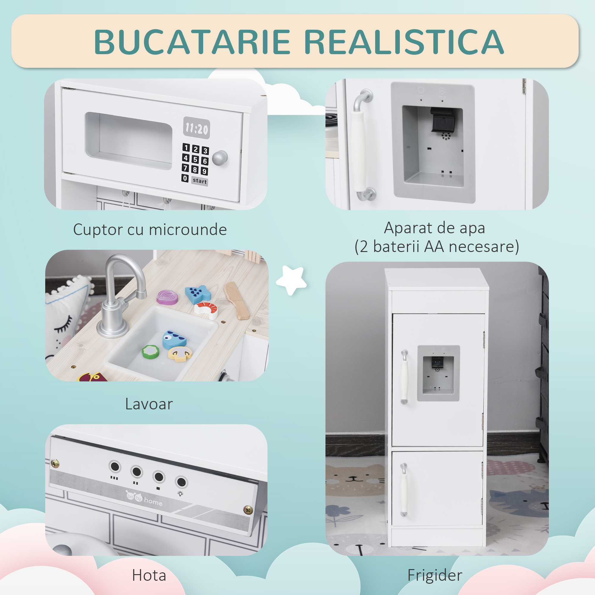  Bucatarie Jucarie Lemn - Accesorii Incluse, Chiuveta & Frigider [5]