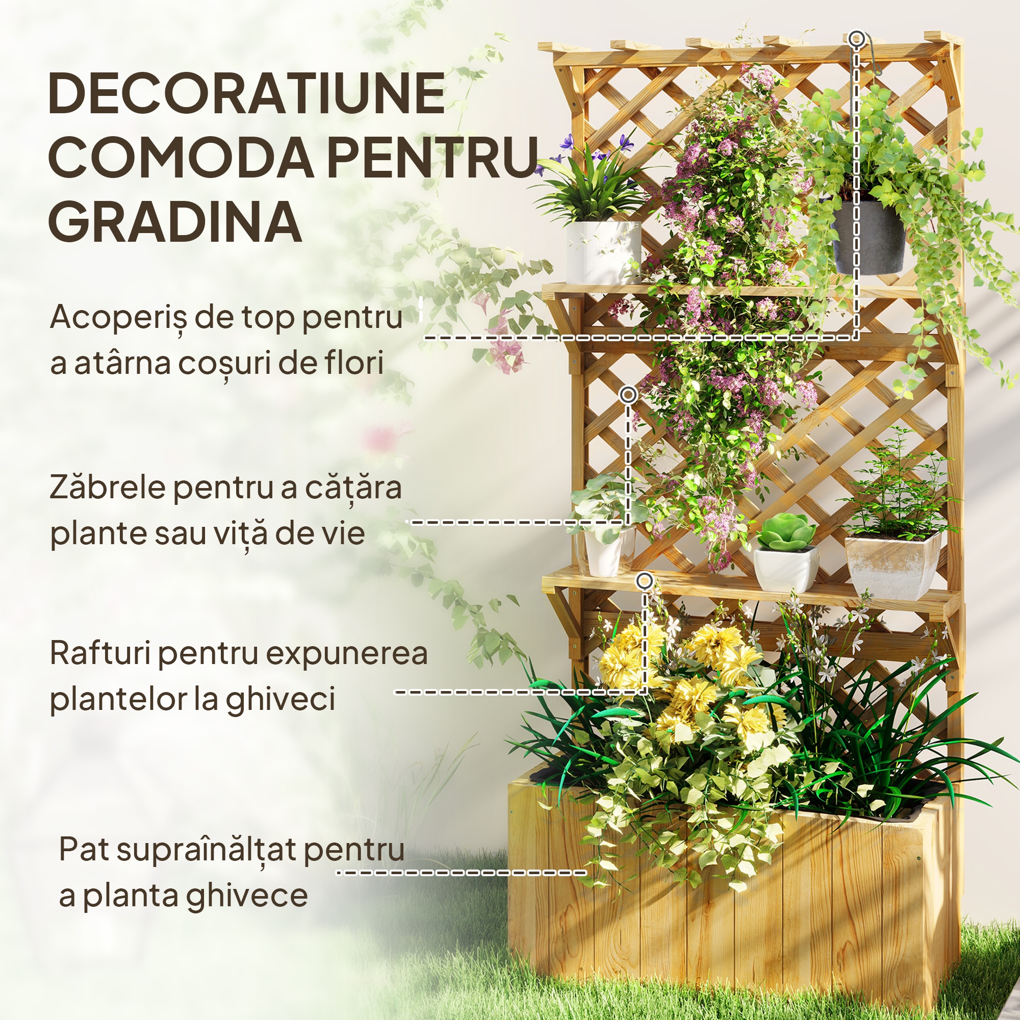  Jardiniera cu Spalier pentru Plante Cataratoare, Orificii de Drenaj si 2 Rafturi, din Lemn de Molid, 76x33x177 cm [3]