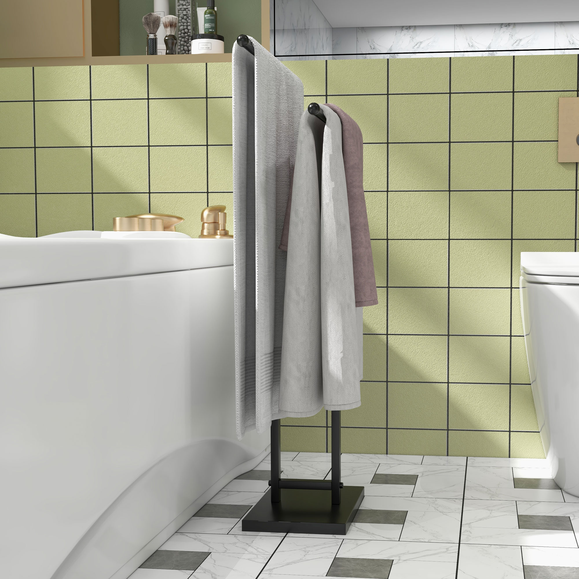  Suport de Prosoape de Podea cu 2 brate, Suport de Prosoape din Metal pentru Baie, 50x18,5x85 cm, Negru [6]