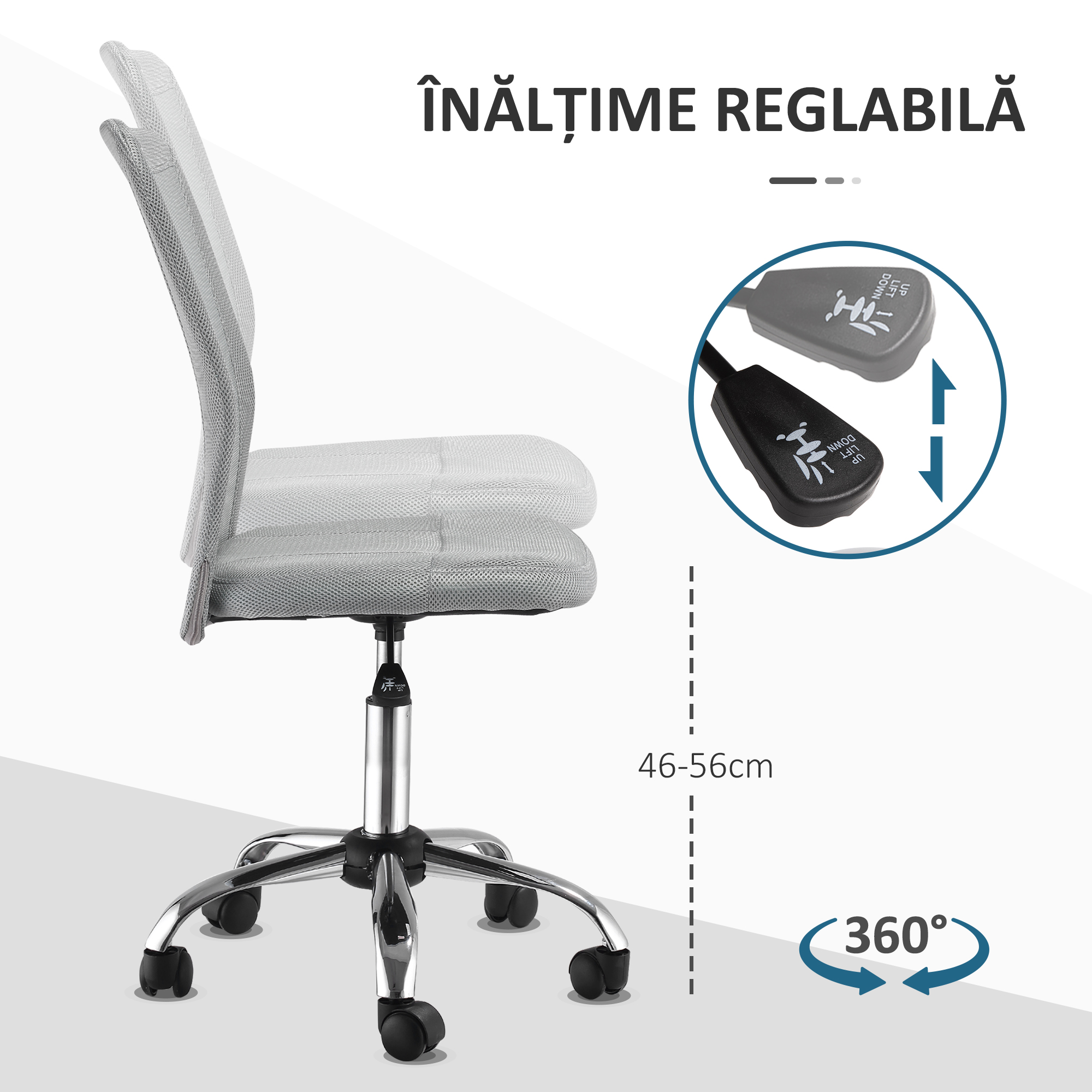  Sedia da Ufficio Ergonomica Senza Braccioli in Tessuto a Rete, Altezza Regolabile e 5 Ruote, Grigio [4]