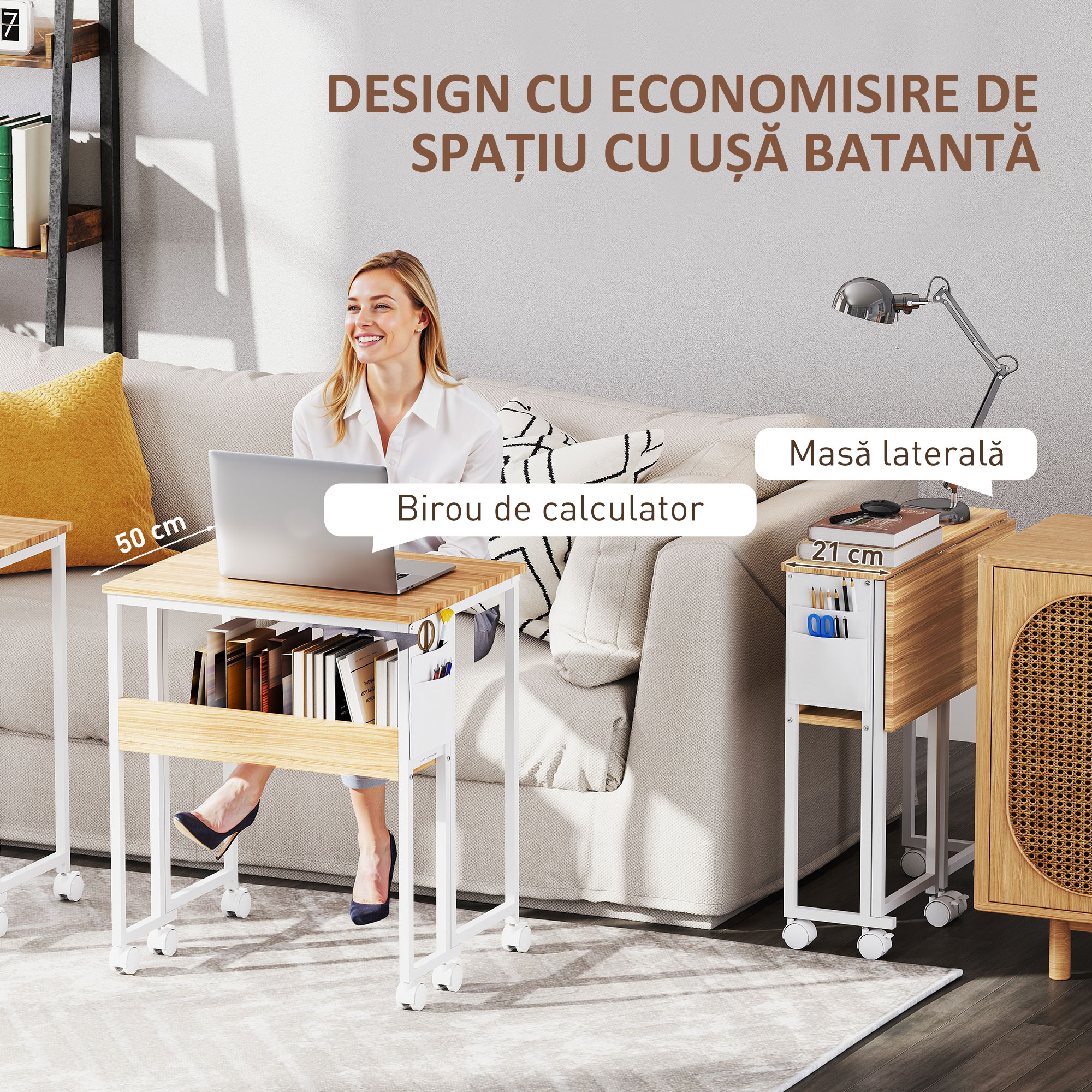  Birou Pliabil de 80 cm cu Raft de Depozitare si Blat Rabatabil pe Roti - Alb [3]