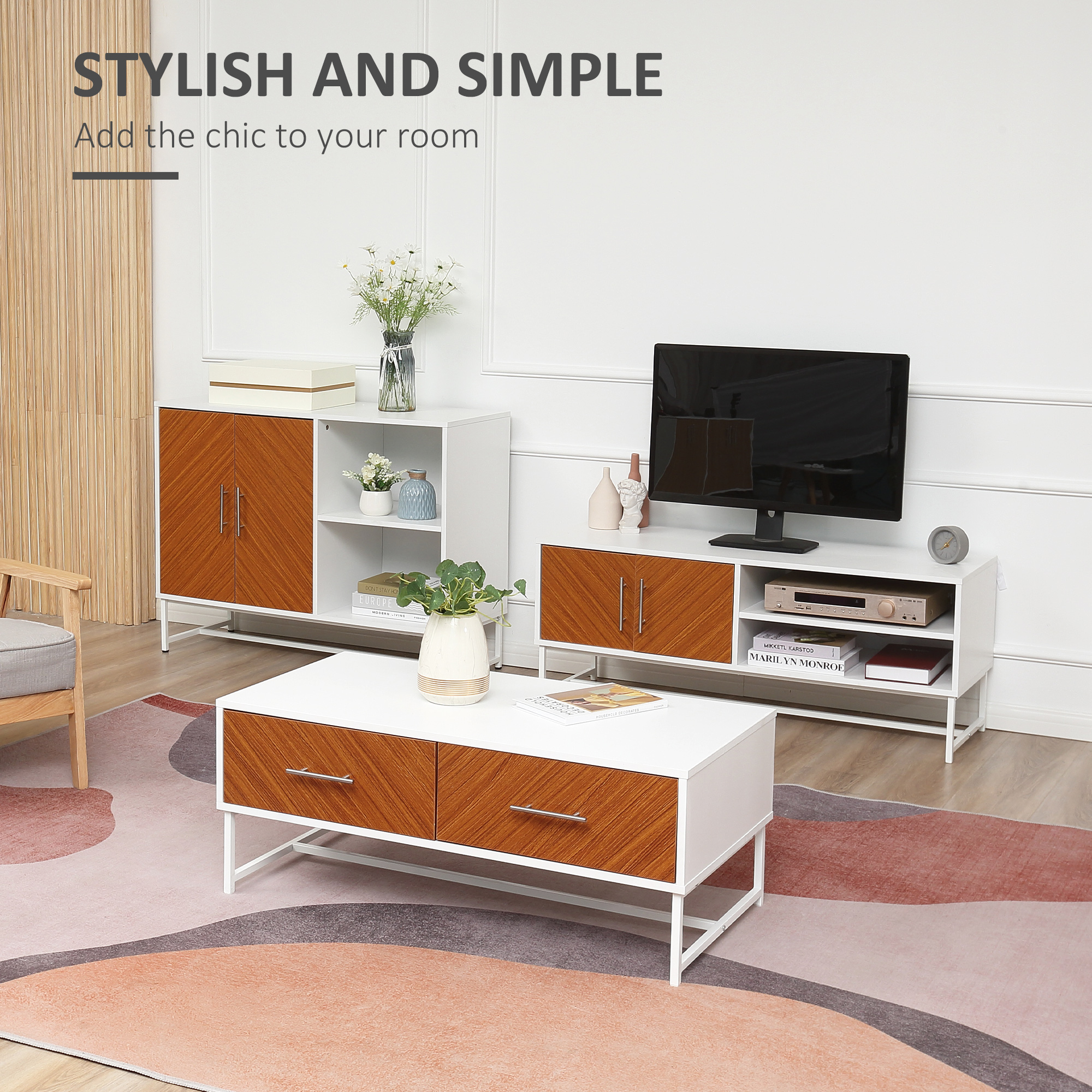 Masuta de cafea moderna , Masa de cocktail rectangulara cu sertare si compartiment de depozitare deschis, Picioare din metal pentru camera de zi [3]