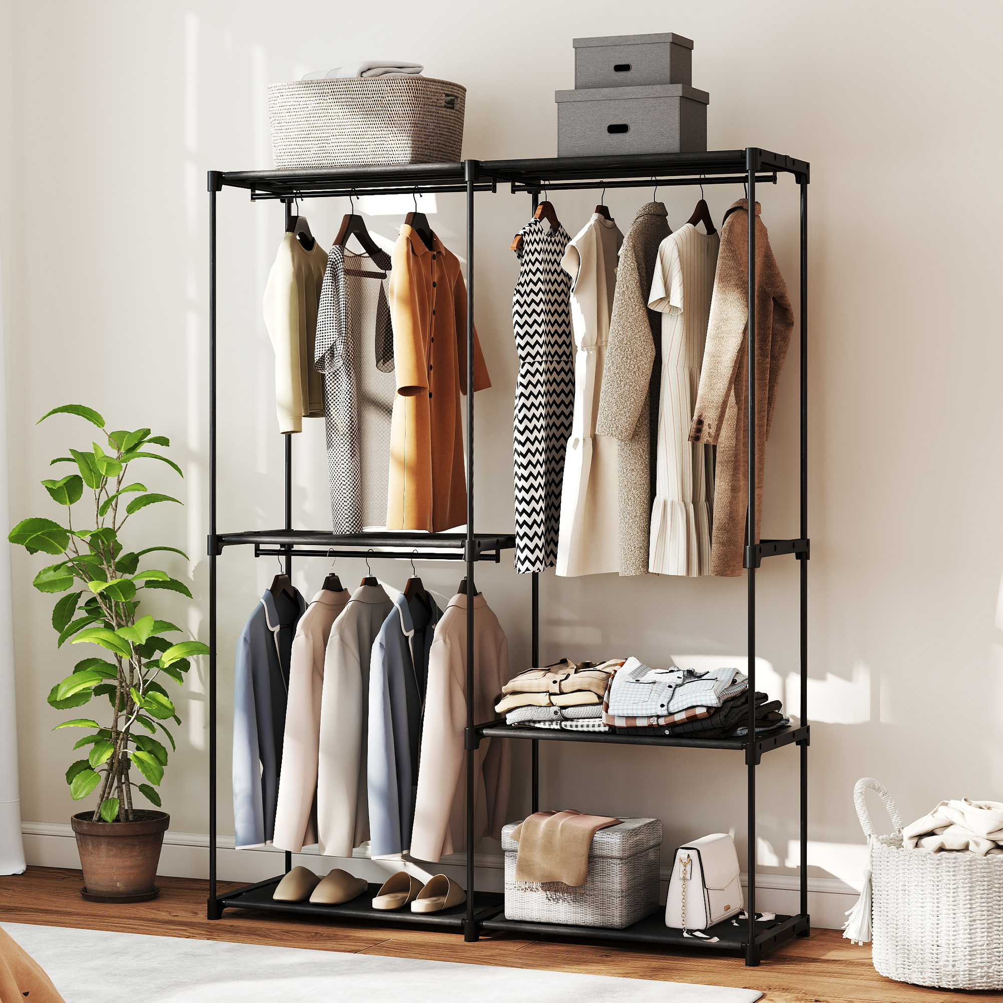  Dulap de Haine cu 2 Bare si 4 Rafturi, din Material Non-tesut, Plastic si Otel, 142x43x185 cm, Negru [8]