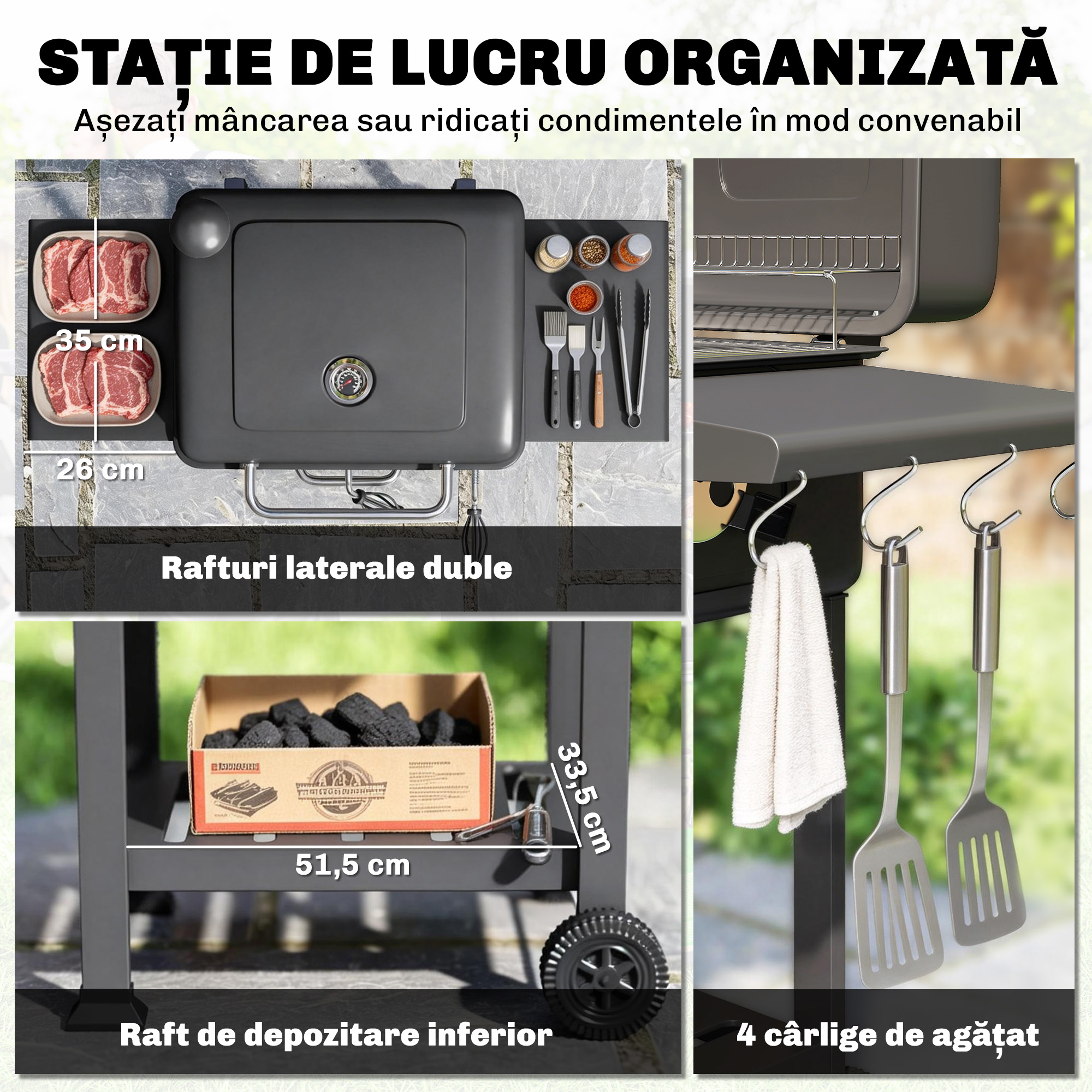  Gratar pe Carbune, Gratar Afumatoare cu Roti pentru Exterior, Negru [6]