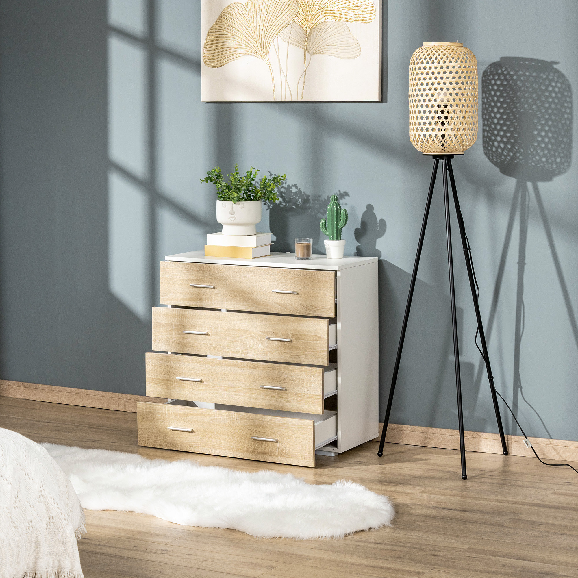 Comoda cu 4 Sertare, Manere din Aluminiu si Structura din Lemn, 76x35x72cm, Alb si Stejar [6]