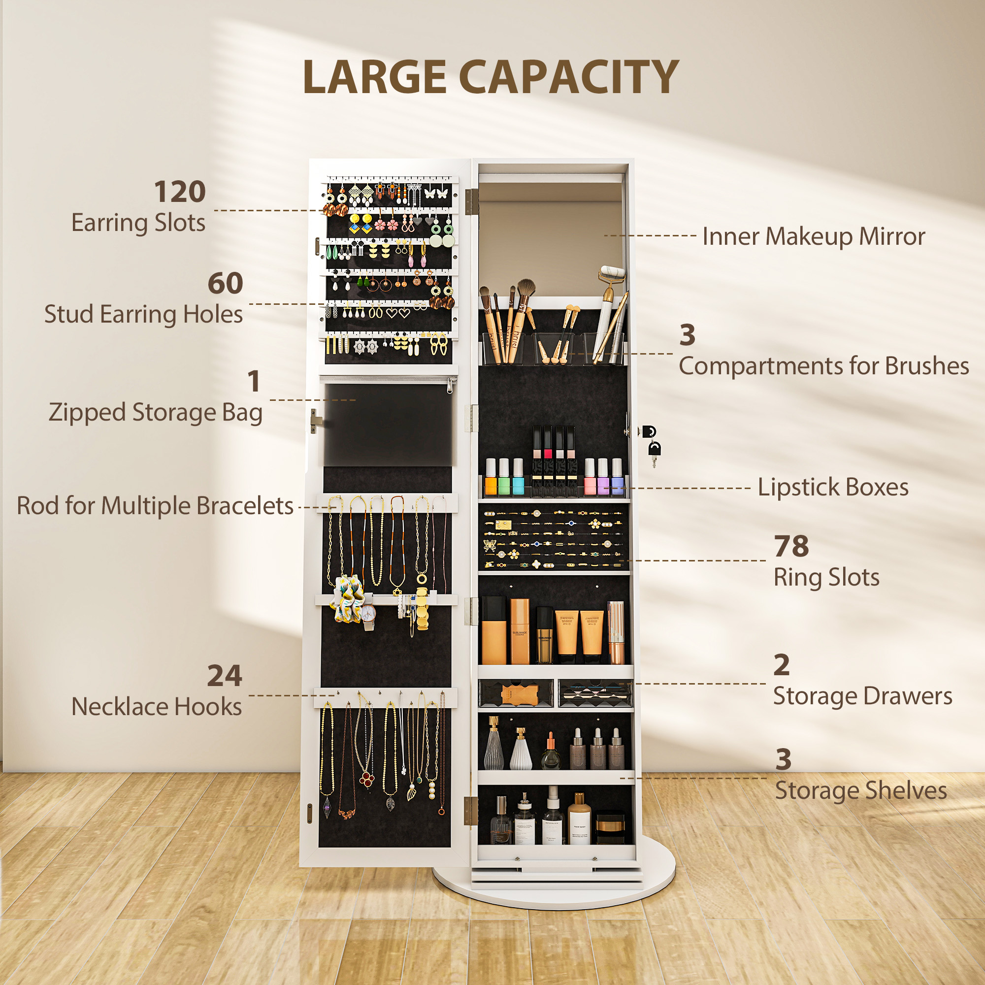  Dulap pentru Bijuterii 3 in 1 Rotativ la 360°, Rafturi din Spate si Usa cu Cheie, 55x55x161 cm, Alb [4]