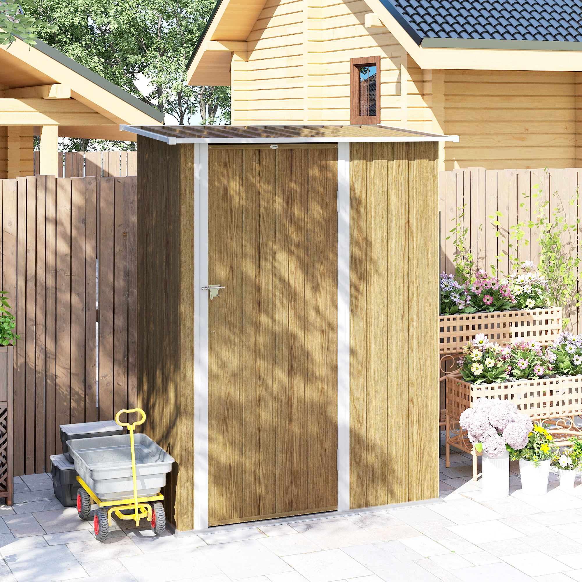  Depozit de Unelte din Metal cu Acoperis inclinat si Usa Blocabila, 142x86x189 cm, culoare lemn [7]