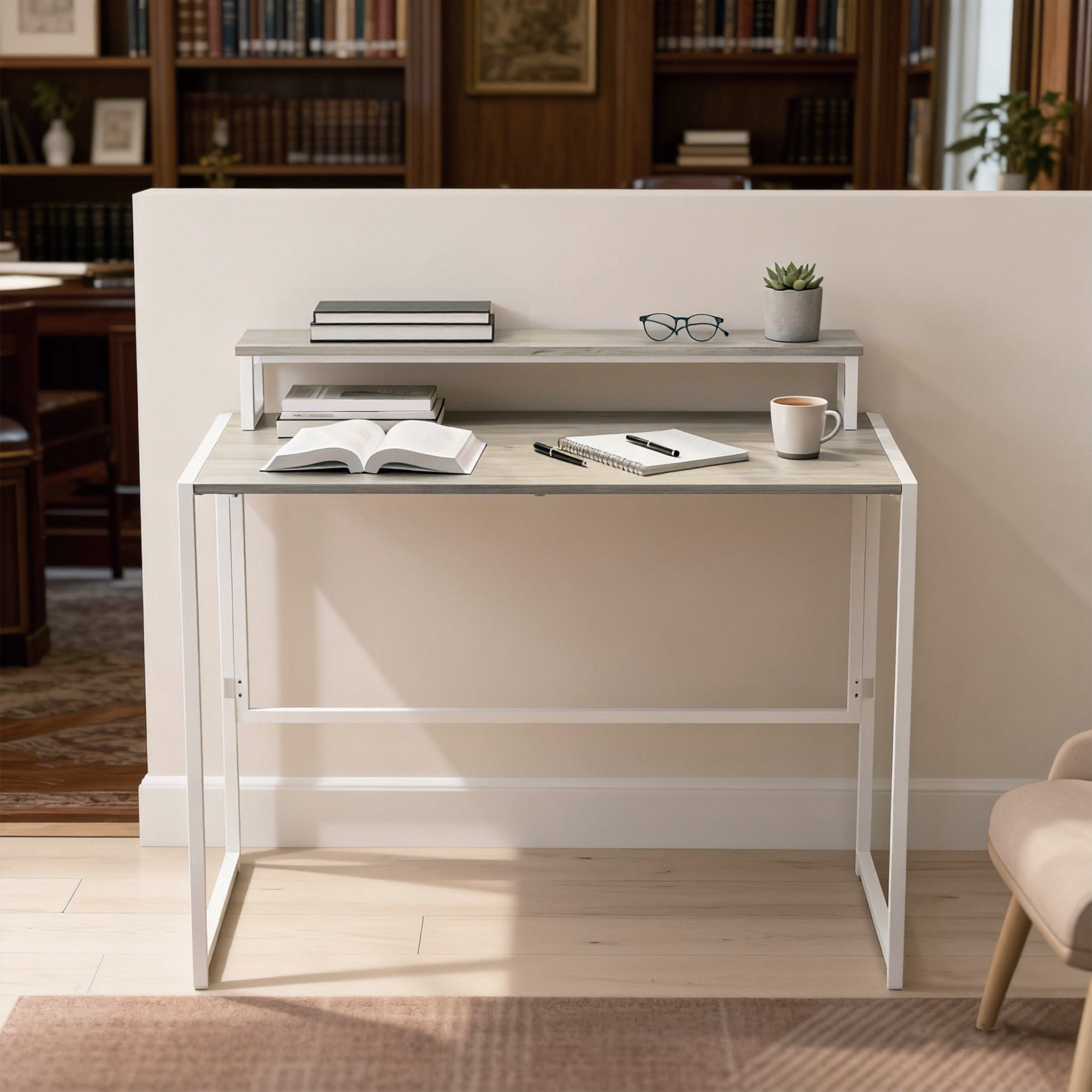  Birou Pliabil Economisitor de Spatiu cu Stand pentru Monitor Detasabil, 100x48x87,5 cm, Lemn [8]