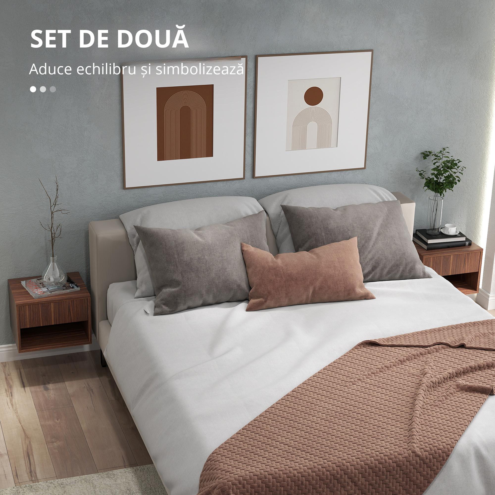  Set 2 Noptiere Suspendate cu Sertar si Raft Inferior Deschis, Noptiere pentru Dormitor din MDF, 40x34x29 cm, Maro [3]