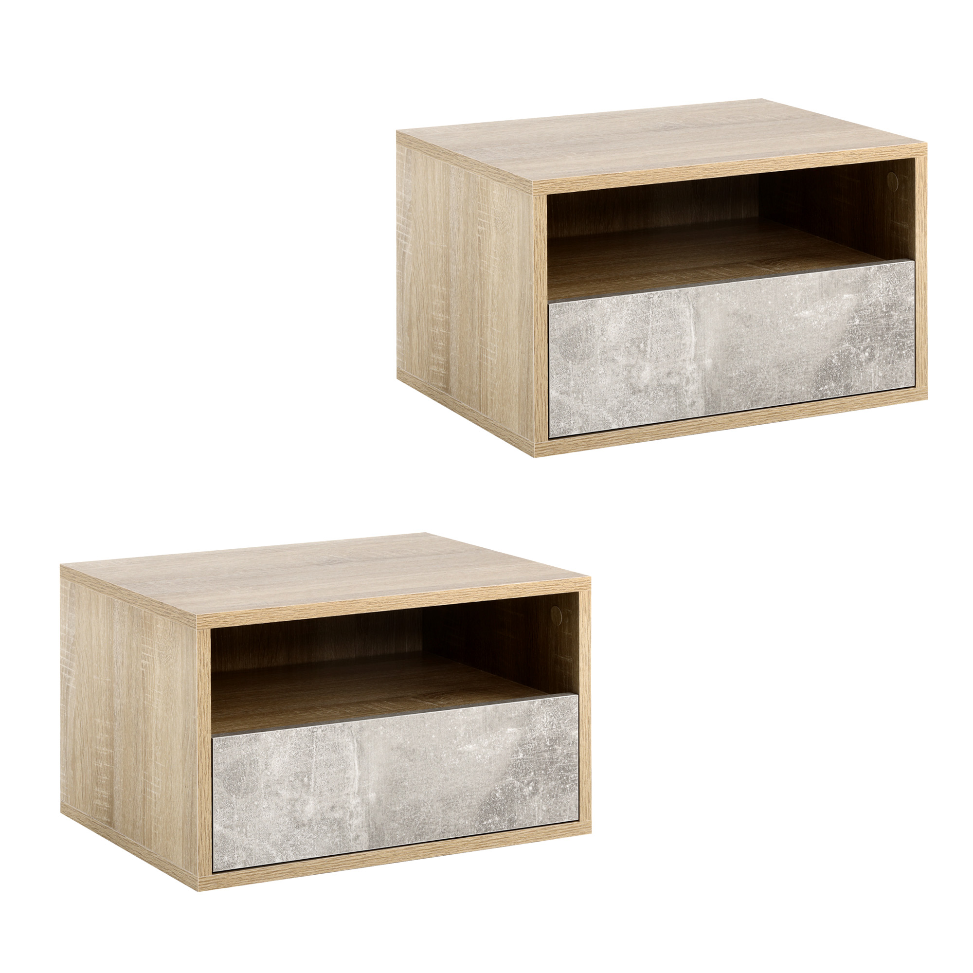 Dormitor & birou -  Set de 2 Noptiere Suspendate cu Sertar si Etajera 45x35x27.5cm - Gri/Culoare Lemn