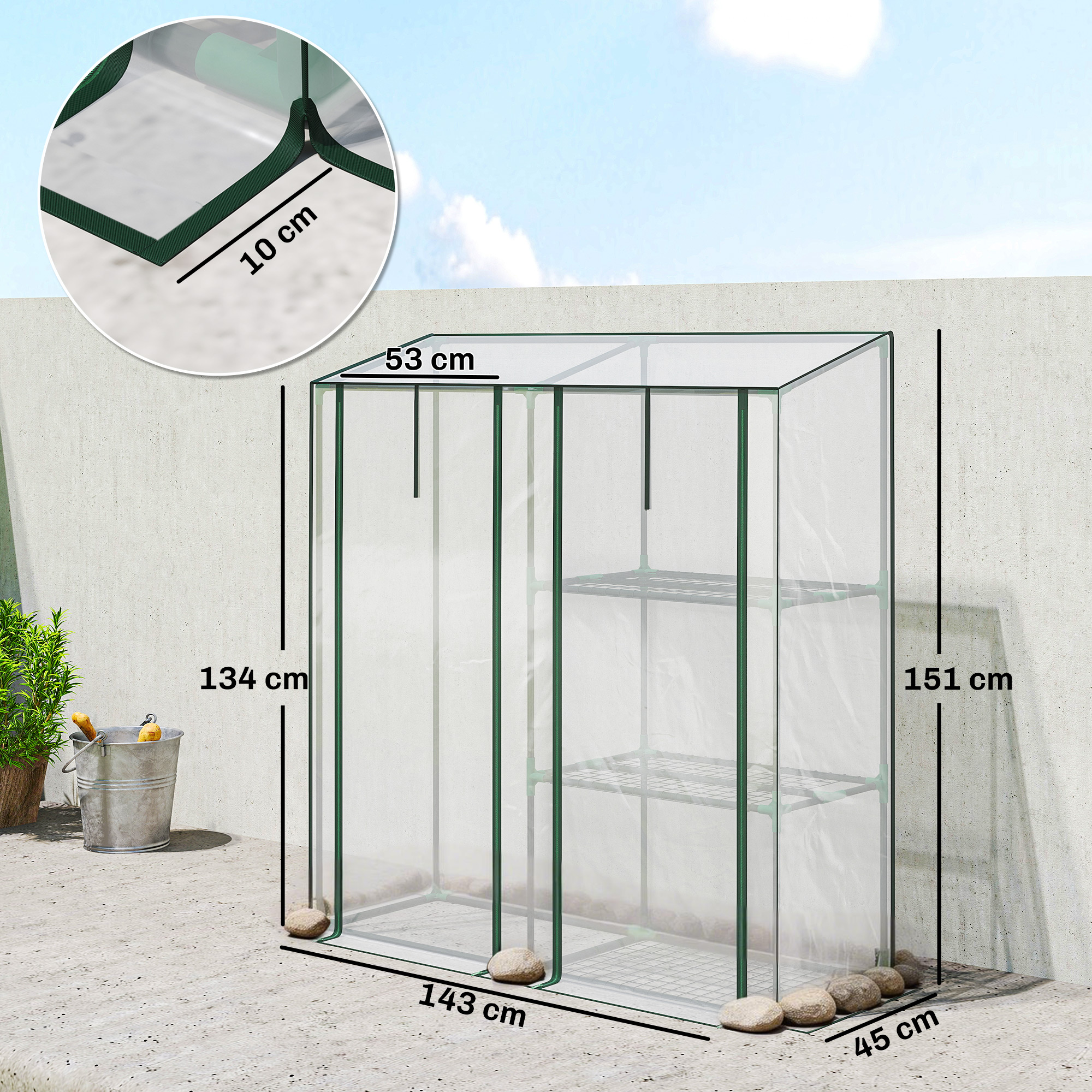  Sera Verticala cu 2 Sectiuni si 3 Rafturi, din Plastic si Otel, 143x45x151 cm, Verde inchis si Transparent [2]