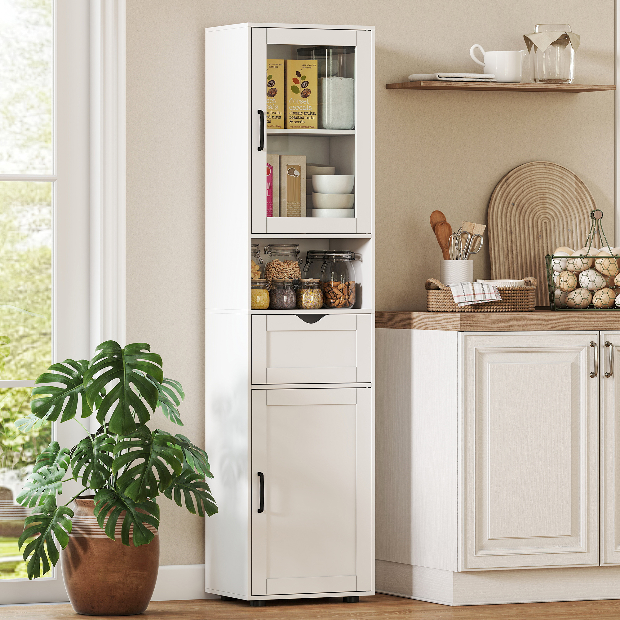  Coloana Baie din Lemn cu 2 Dulapuri, Sertar si Raft Deschis, 40x30x165 cm, Alb [6]